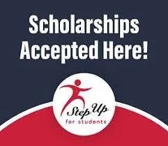 Sign indicating scholarships accepted here, featuring a logo with a person stepping up for students.