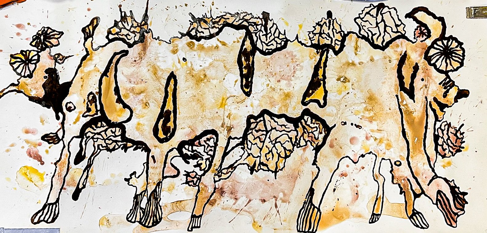 Color Of A Cow (2023), 2'x4', watercolor and India ink - automatic painting.