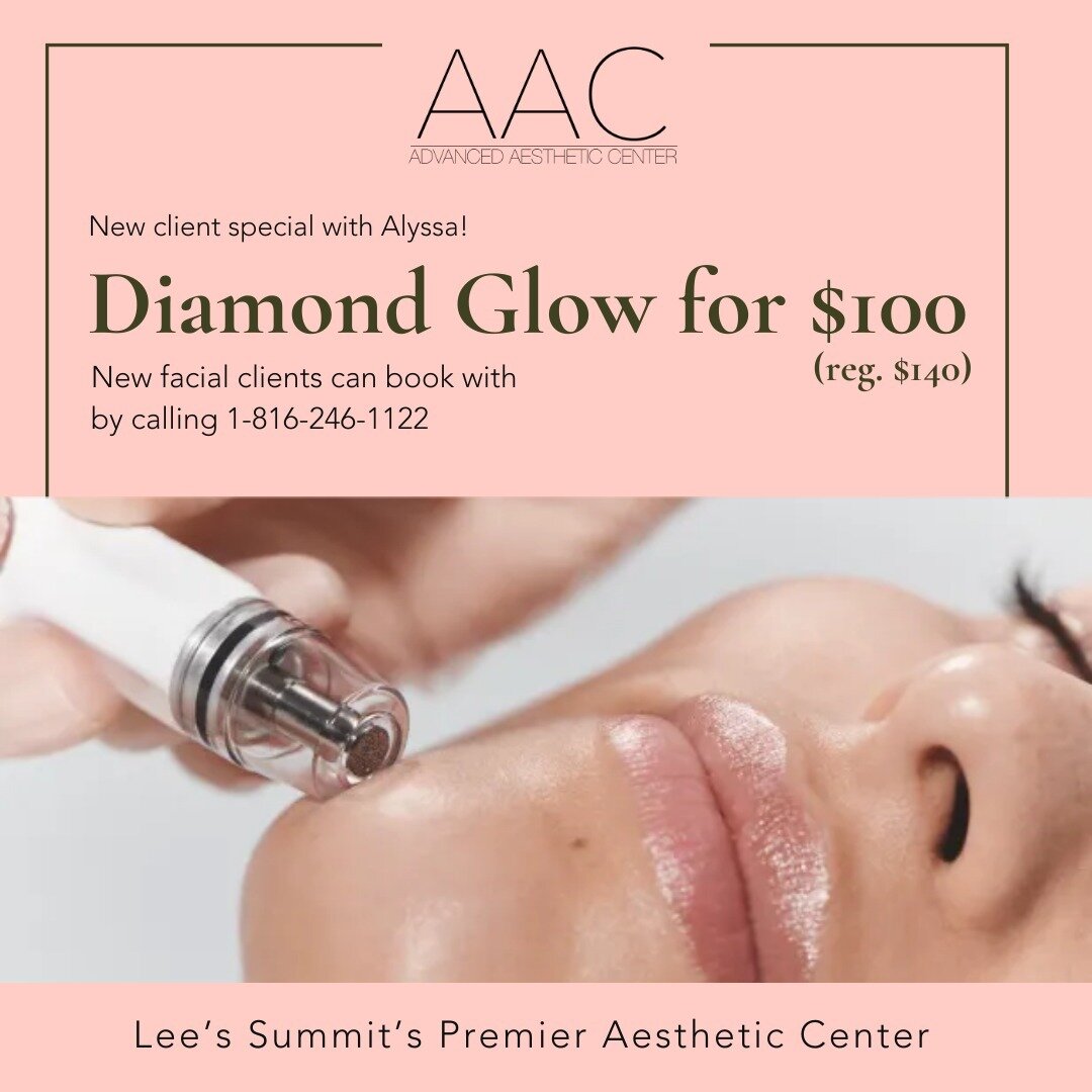 NEW FACIAL CLIENT SPECIAL 🎉 New clients to AAC or to facials at AAC can book a Diamond Glow with Alyssa for only $100 (reg. $140). Limited time. 

Reveal your radiance with Diamond Glow - A non-invasive skin rejuvenation procedure. Simultaneous exfo