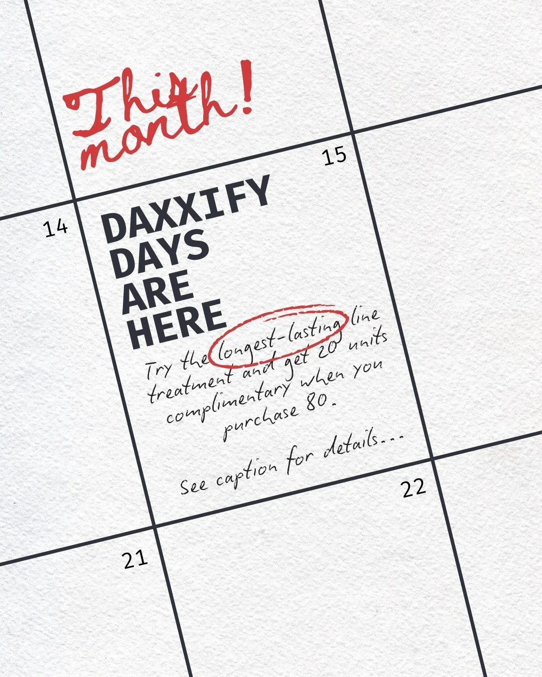 Daxxify&trade; Days are coming to AAC every T, W, Th in January!
If you&rsquo;ve never tried Daxxify, or you're new to AAC, you can receive 20 units free when you purchase 80 (a $140 value). Please note: Daxxify units are measured differently from Bo