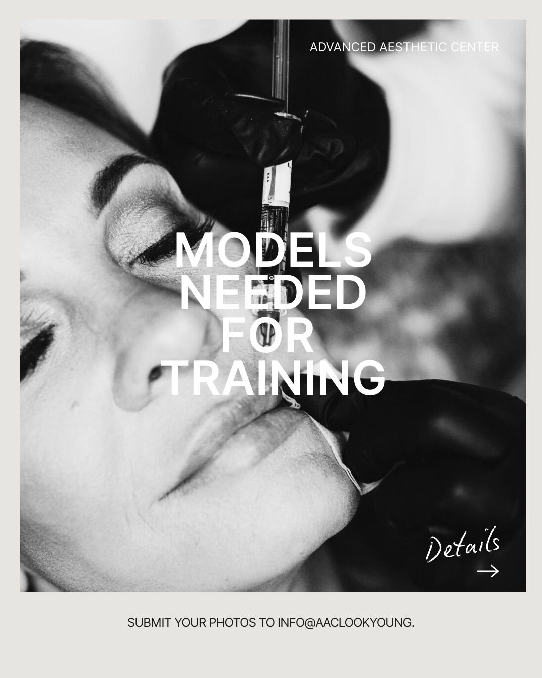 MODEL CALL: DERMAL FILLER TRAINING 

We&rsquo;re looking for a limited number of models for an upcoming injector training at Advanced Aesthetic Center.

Available days:
January 20, 21, 22, 27, or 28
Time: 9:00 AM &ndash; 4:00 PM
Appointment length: A