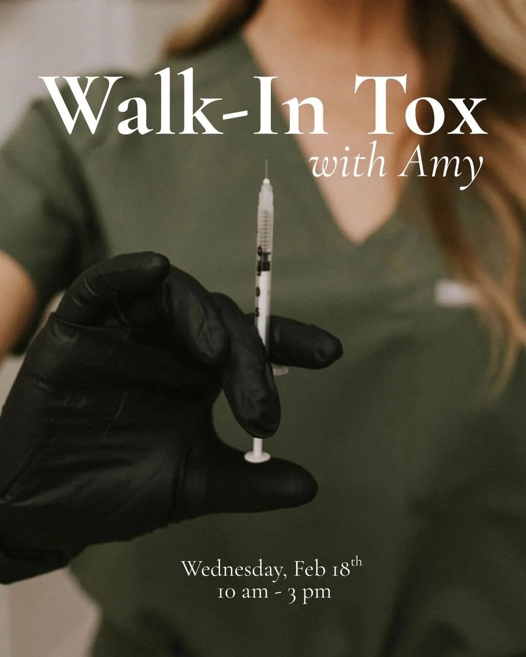 A smoother look doesn&rsquo;t have to wait.

Join us for Walk-In Tox with Amy this Wednesday, February 18th from 10am&ndash;3pm at Advanced Aesthetic Center. No appointment needed&mdash;just come in when it works for you.

A refreshed appearance.
A s