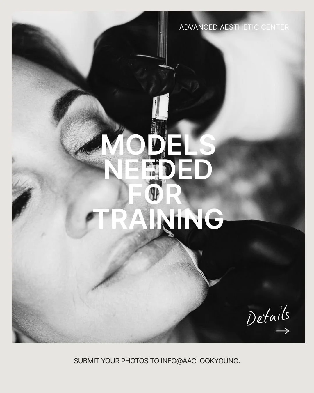 MODELS NEEDED FOR MARCH!!

We&rsquo;re looking for a limited number of models for an upcoming injector training at Advanced Aesthetic Center.

Available days:
Tuesdays, Wednesday, Thursdays in March 
Time: 9:00 AM &ndash; 4:00 PM

Appointment length: