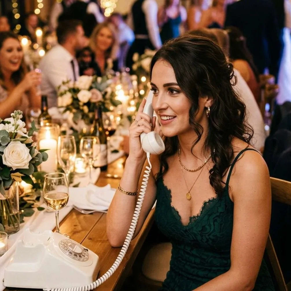 weddding guest listening to an audio guestbook greeting