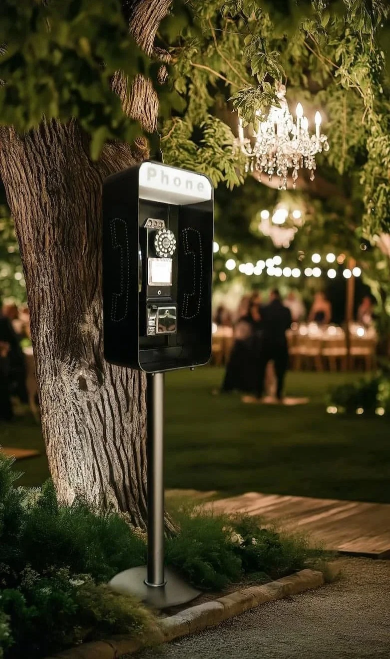 A vintage-style audio guestbook payphone mounted on a stand outdoors.