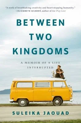 Book cover titled 'Between Two Kingdoms' by Suleika Jaouad with an illustration of a yellow vintage van on a beach, and a woman sitting on top of the van.
