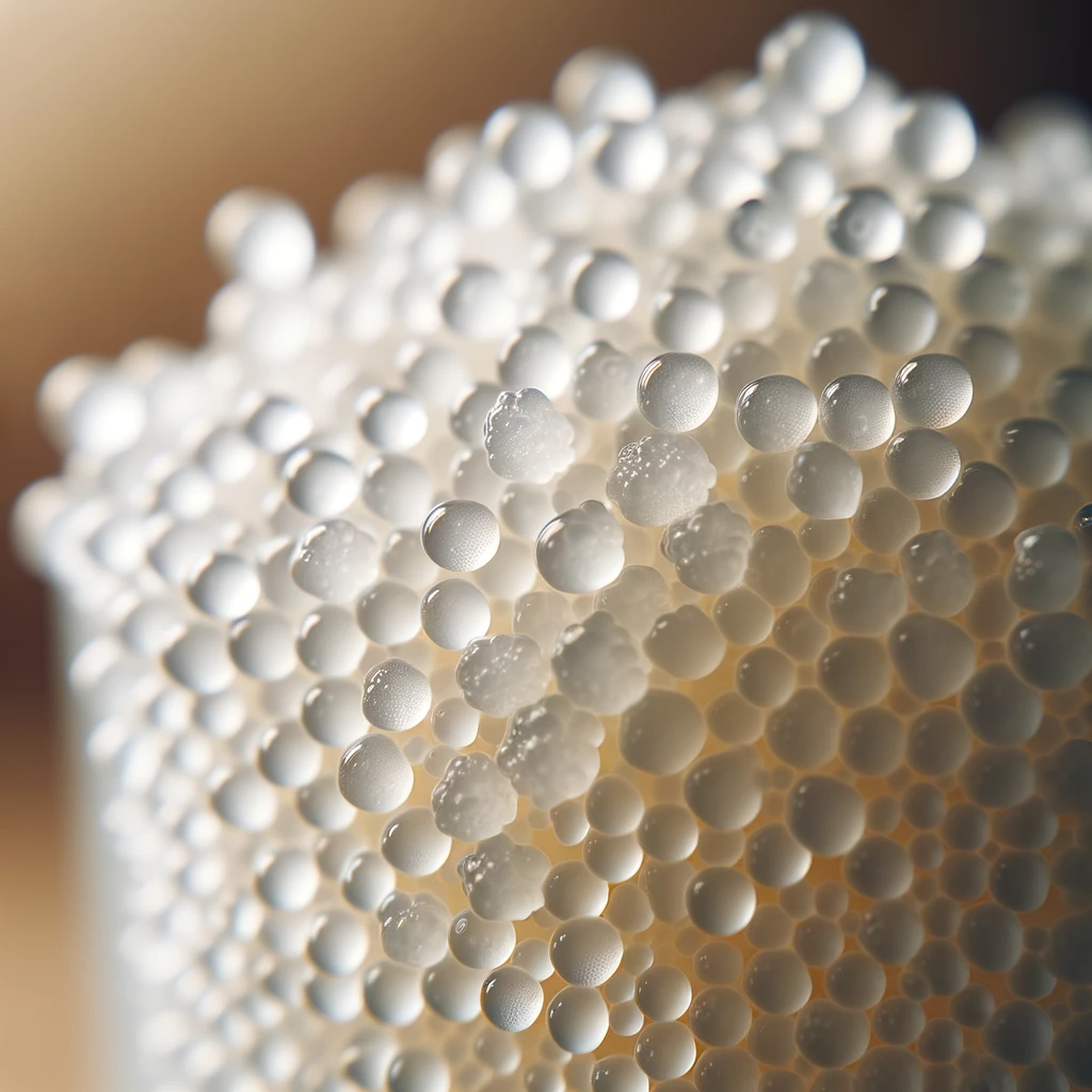 DALL·E 2023-10-25 22.23.49 - Photo of a close-up view of water kefir grains. They look like small, translucent gel-like beads clustered together. The background is blurred, highli.png