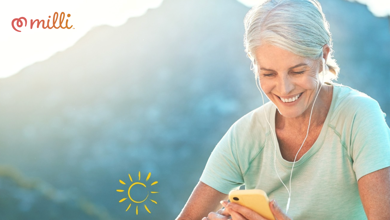 Image of an elderly woman on her phone and the Milli logo on the top.