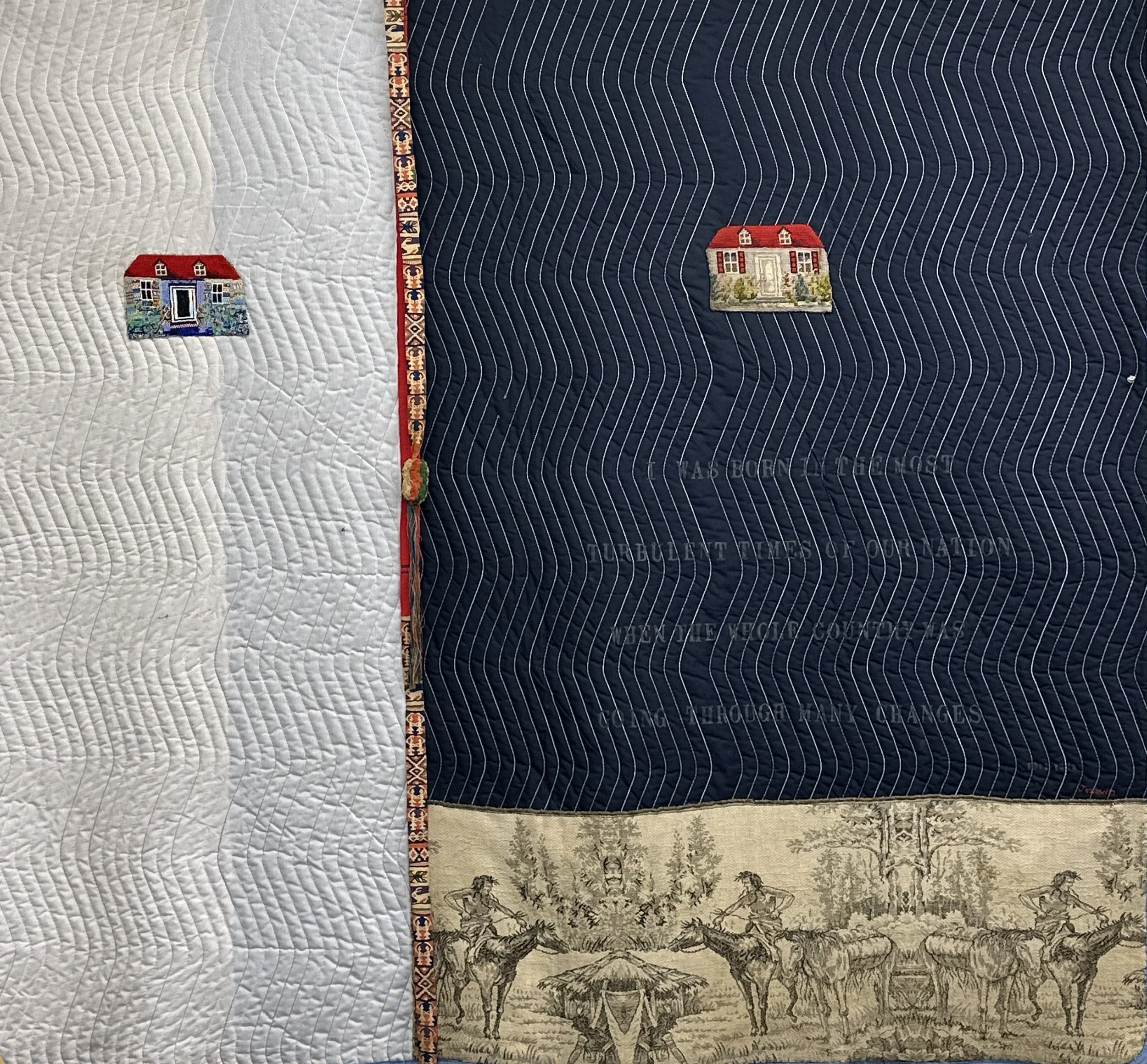 I Was Born in the most Turbulent Times
Packing blanket, approximately 6' x 6'
woven tapestry, cross stitch house, beaded house, text and additional beadwork, easel

A quote by my great-great grandmother who was witnessed moving to reservation life, a