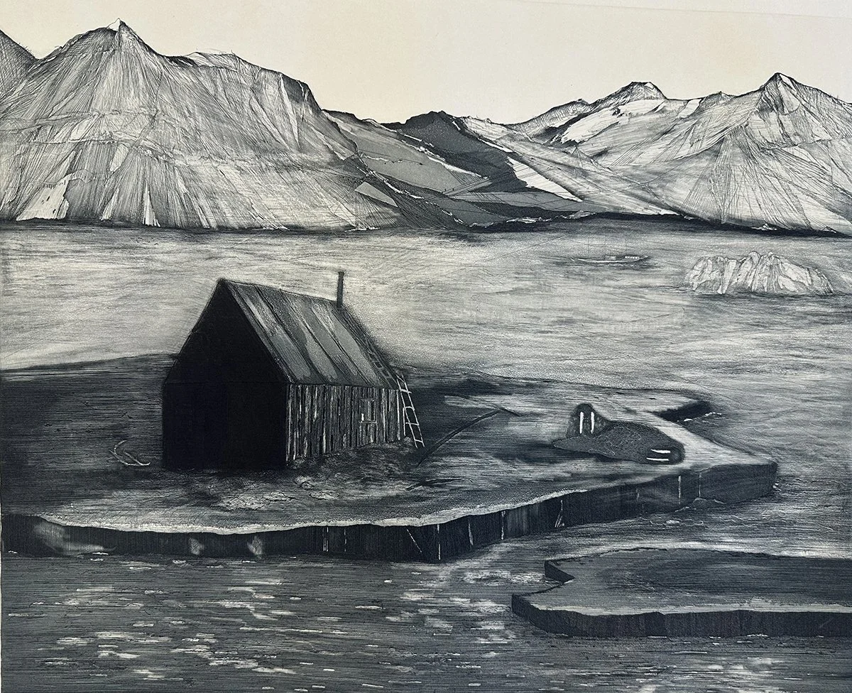Melt Down I
17" x 17" etching on Fabriano Paper
After a trip to the Svalbard archipelago I witnessed the melting of the glaciers. This image expresses both the saving of cultural heritage, such as fur trappers cabins, while the ice melts.