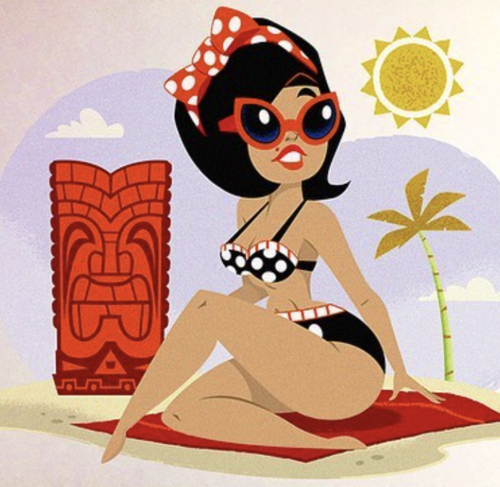 Cartoon woman in a polka-dot bikini and large sunglasses sitting on a beach towel with a Tiki statue, palm tree, and bright sun in a tropical beach scene.