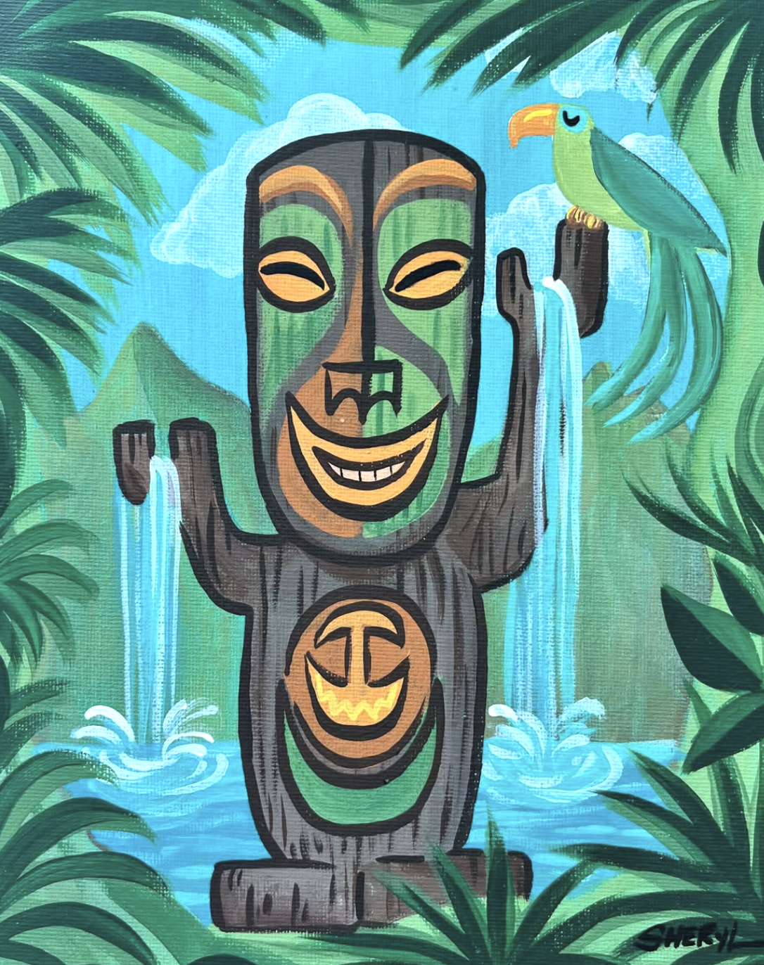 Colorful rainforest scene featuring a smiling tiki statue with a carved pumpkin face on its chest, surrounded by lush green plants, waterfalls, and a brightly colored parrot perched on one of its arms.