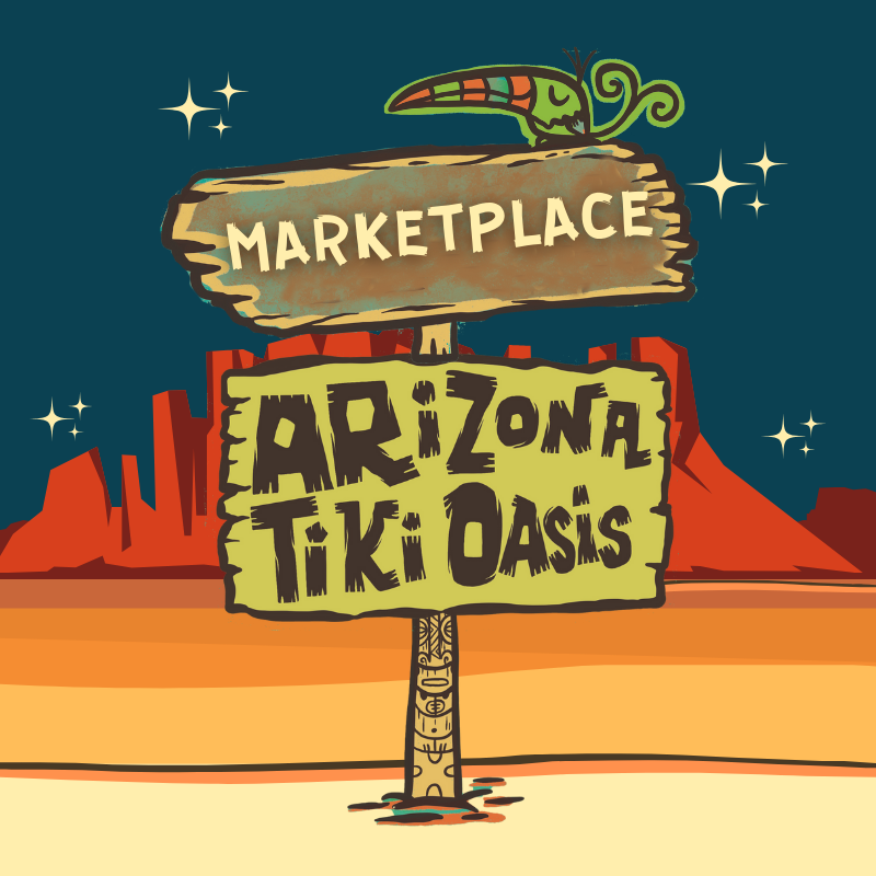Illustration of a desert scene with a wooden signpost. The top sign says "Marketplace" and the bottom sign says "Arizona Tiki Oasis." The background features red rock formations, a dark sky with stars, and a cartoon-style chameleon on top of the sign