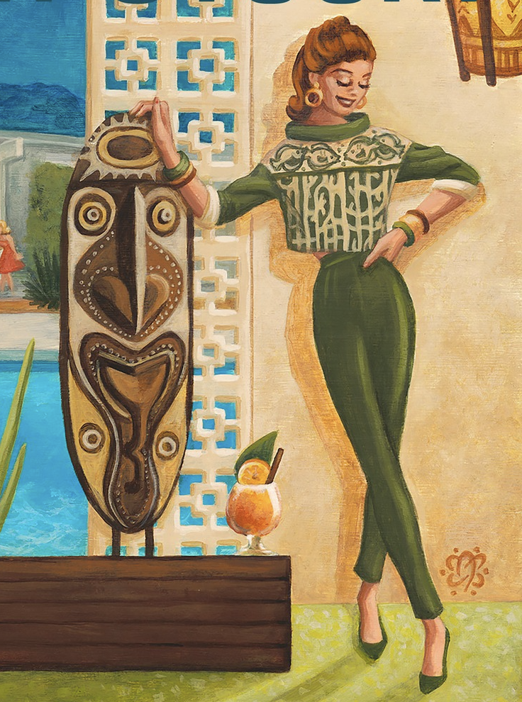 A woman with red hair, green outfit, and earrings, standing next to a tiki mask, with a tropical drink nearby, against a decorative wall with a geometric pattern.