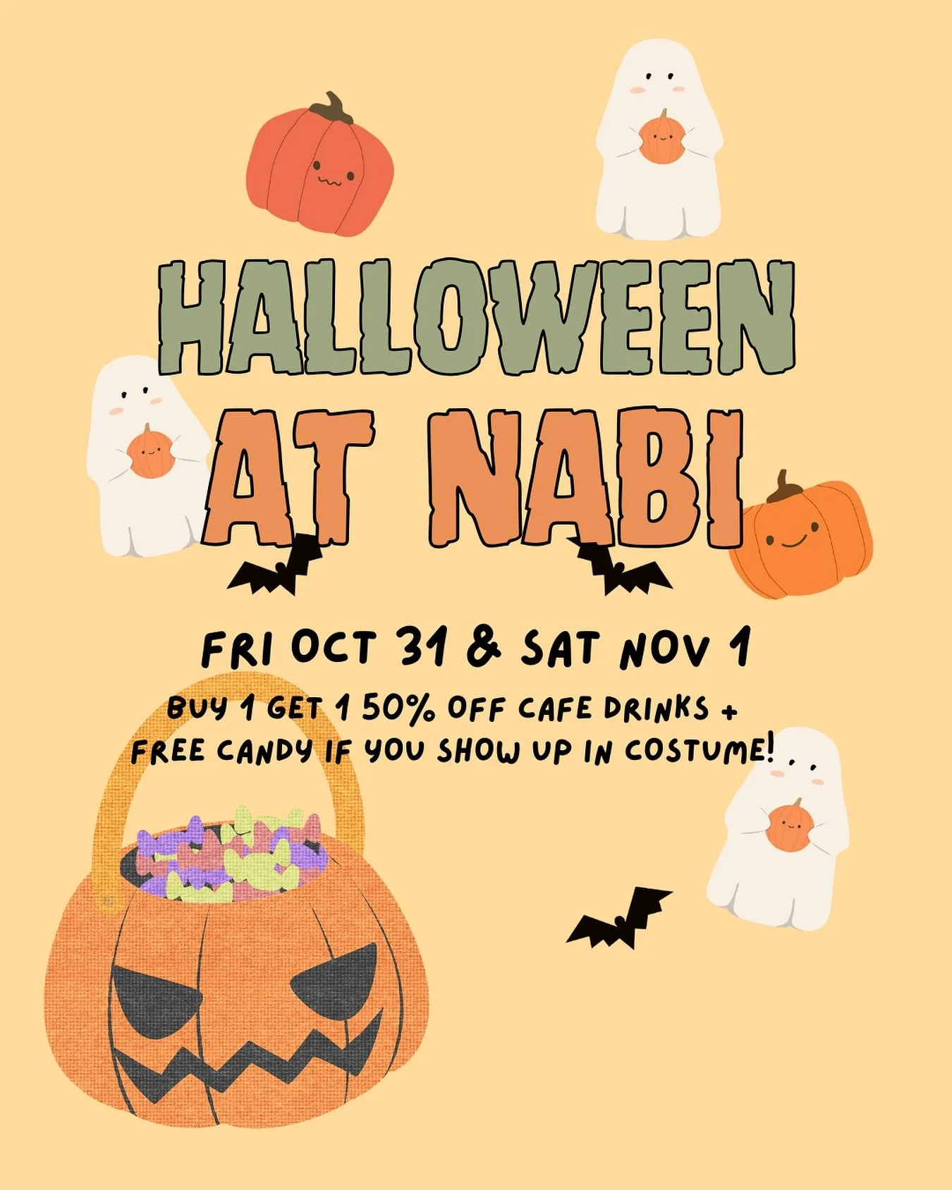 Celebrate Halloweekend with us and the cats at Nabi Cat Cafe π‍β¬π
Fri Oct 31 & Sat Nov 1, enjoy buy one get one 50% off cafe drinks* (the perfect pre-trick-or-treat pick-me-up). 
Bonus: free candy if you arrive in costume πΌπ¬
Thinking o