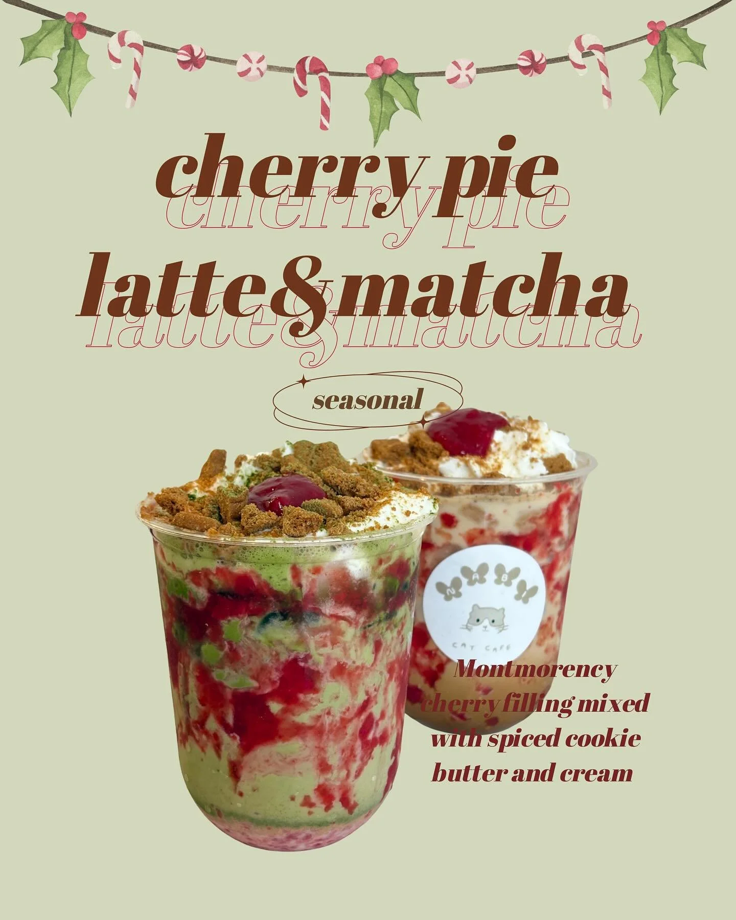 Introducing our first holiday drink - cherry pie latte &amp; matcha 🍒🥧

Made with tart cherry filling and blended with spiced cookie butter and cream, it&rsquo;s basically a holiday pie (but sippable)! 

This new festive treat is available at our c