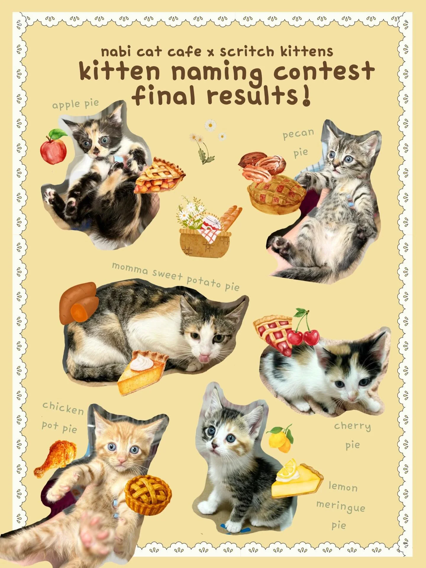The results are out&hellip;! Meet our pie litter 🥧😽

They need a little bit more time to bake, but these cuties will be coming to our cafe in June (and will also be ready to adopt then)!!

Thank you @kajiki.exe for the creative names! *We had to ch