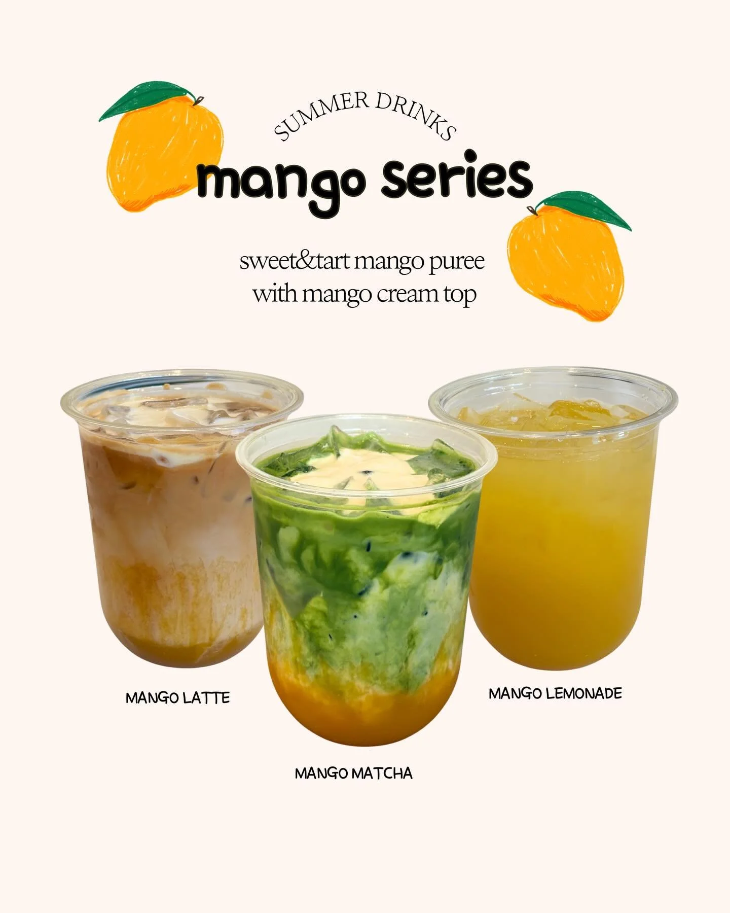 Introducing our summer drinks: mango latte, mango matcha, and mango lemonade 🥭☀️

Enjoy our sweet &amp; tart mango puree in three different forms. They are all so refreshing &amp; tasty in their own ways 😸

Stop by our cafe (or order online) to try