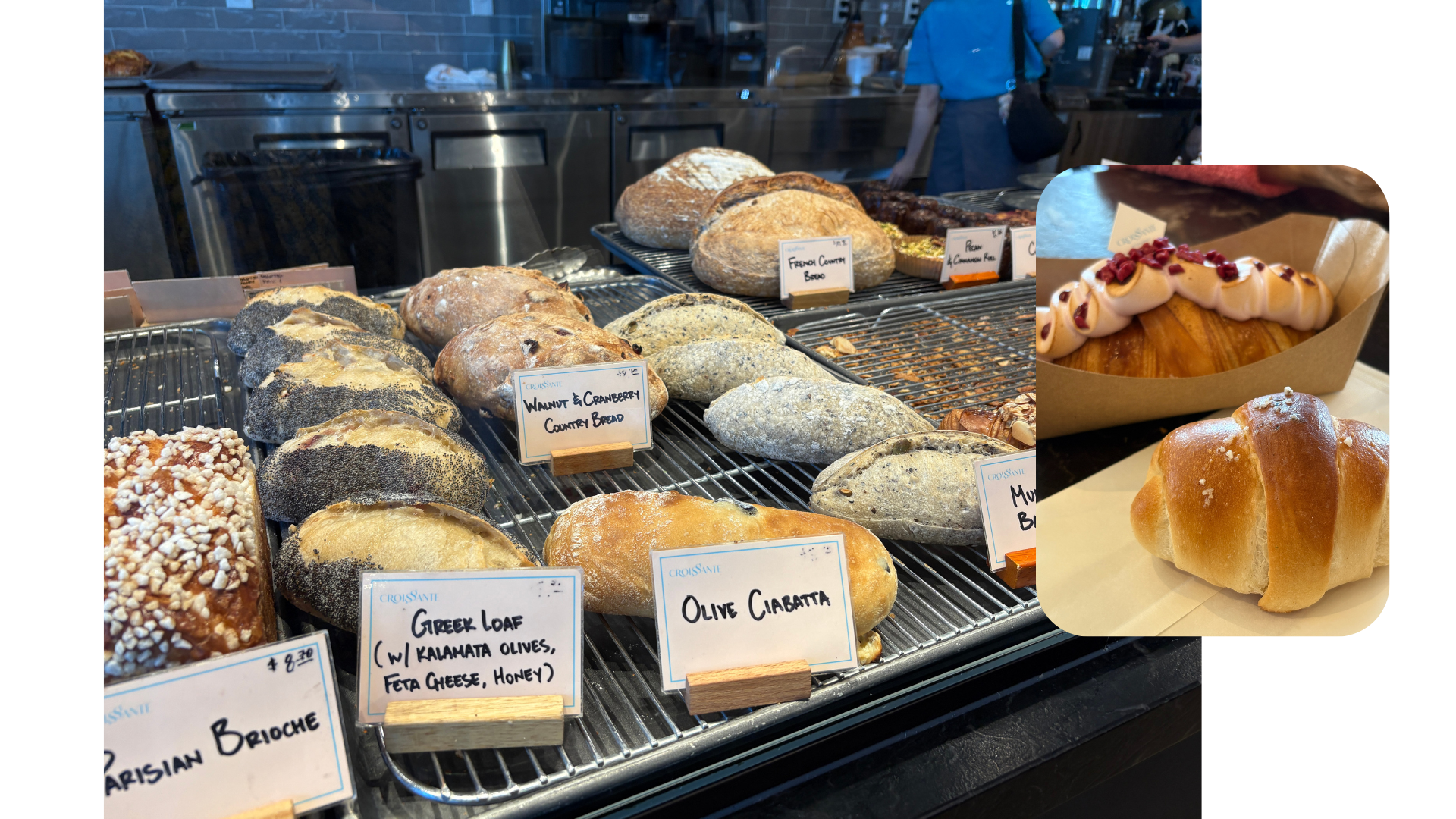 Pastry display case at Croissante (main), sogeumbbang and raspberry cream croissant (right)