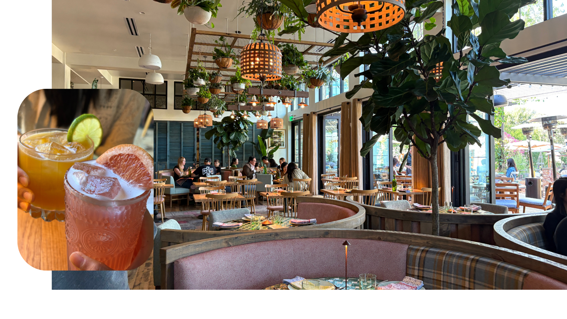 Specialty cocktails (End of The Valley - left, Blush Spritz - right) and restaurant main dining area