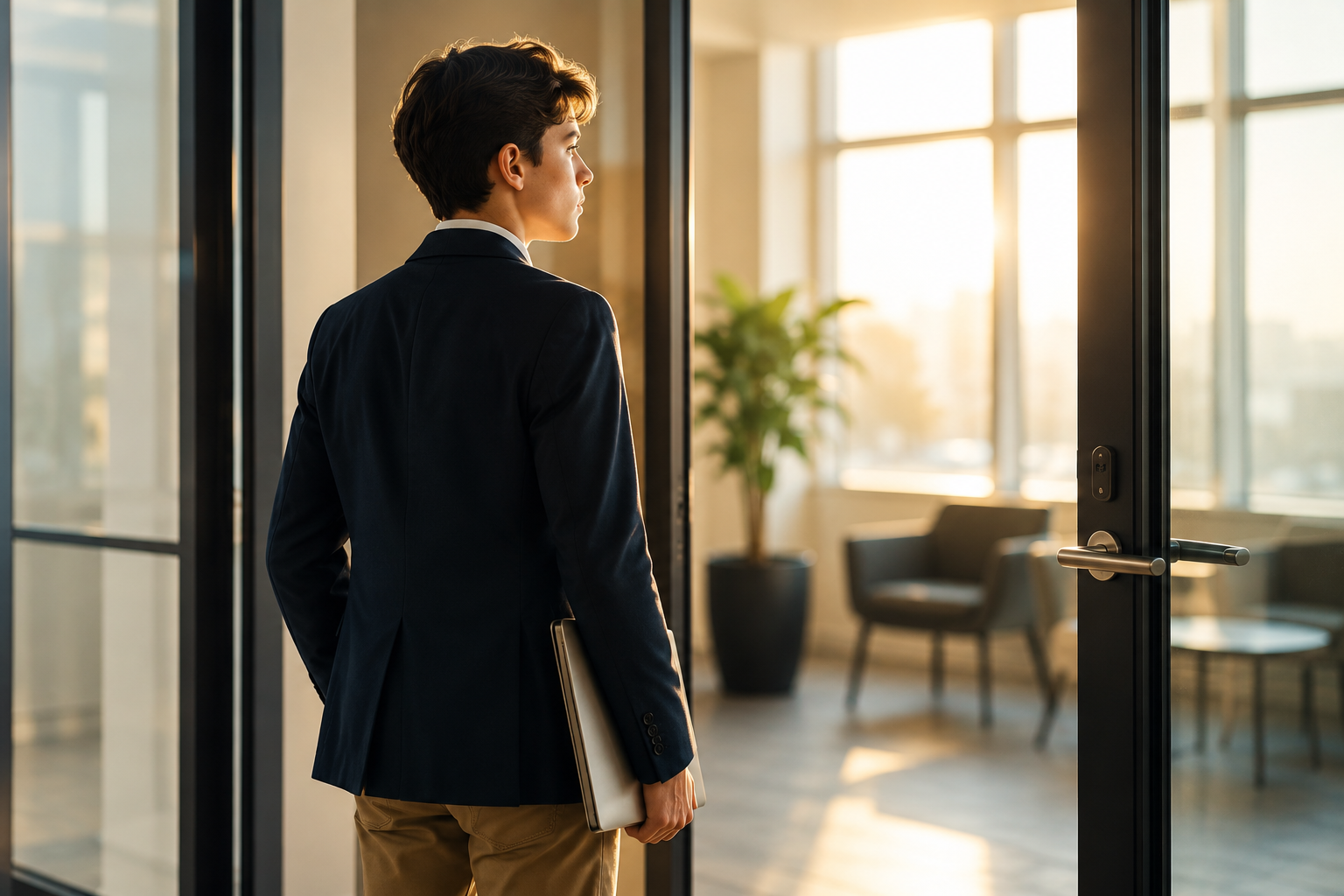 A young man in a business suit holding a laptop stands in front of glass doors, looking outside at sunset in a modern office.