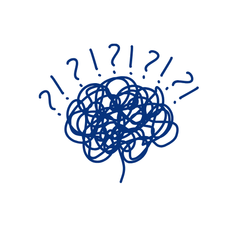 A blue, messy scribble of a brain with multiple question marks around it on a black background, symbolizing confusion or questioning.