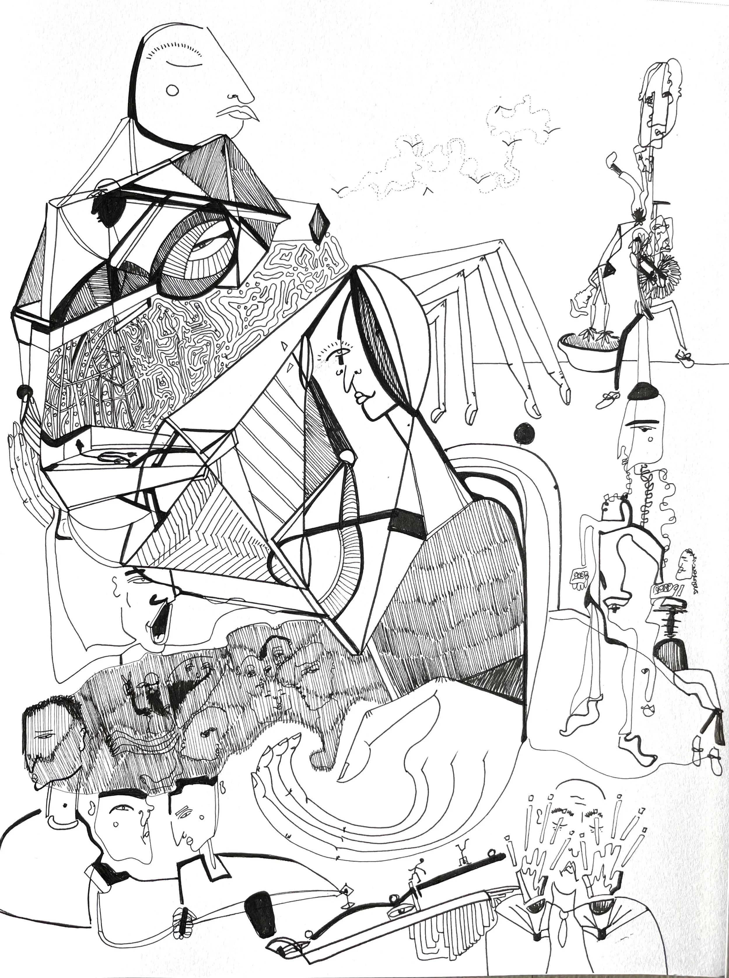 "Nesting", 8x12", ink pen on paper, January 2023