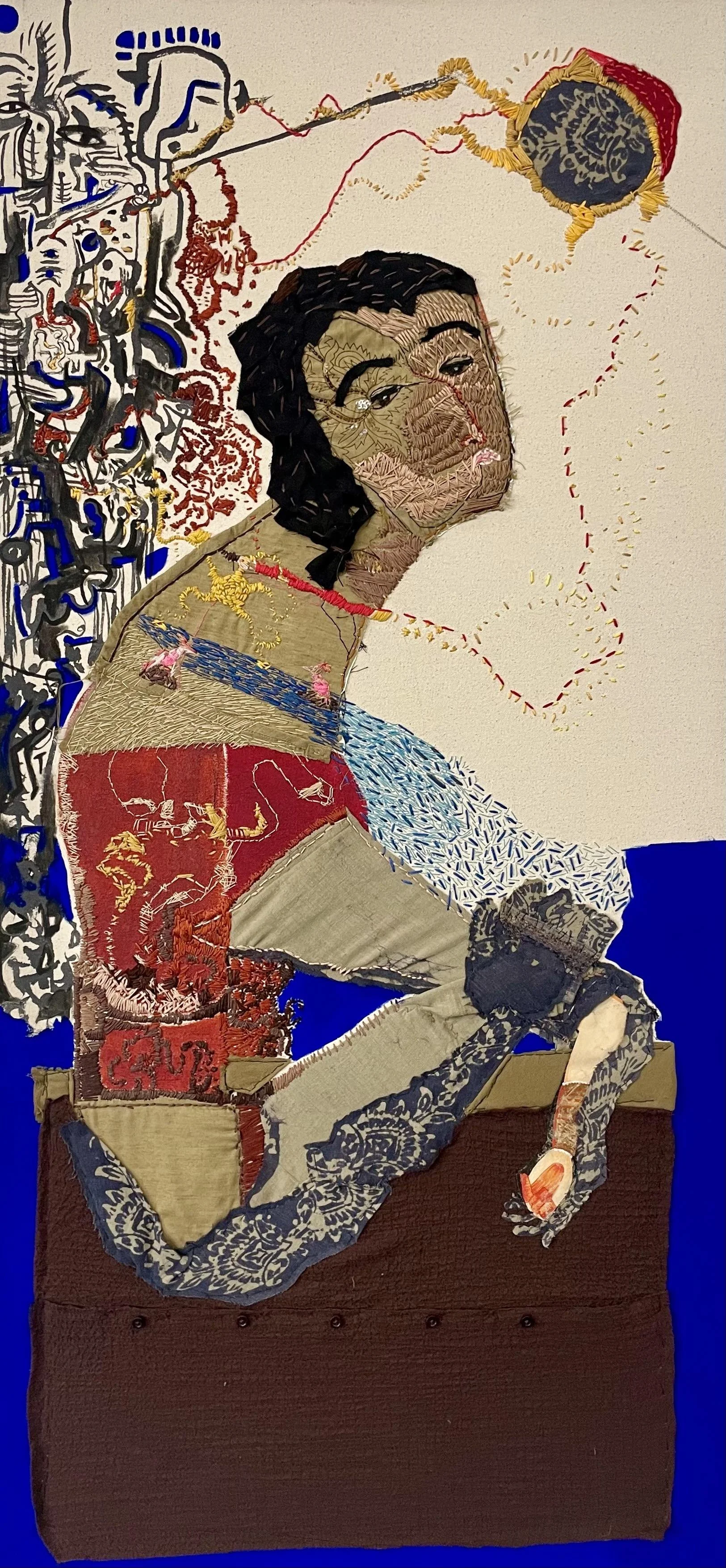 Great grandpa Mikhail was a tailor on the Lower East Side, embroidery floss, cut clothes, flashe, acrylic, ink, and cut poster on canvas.