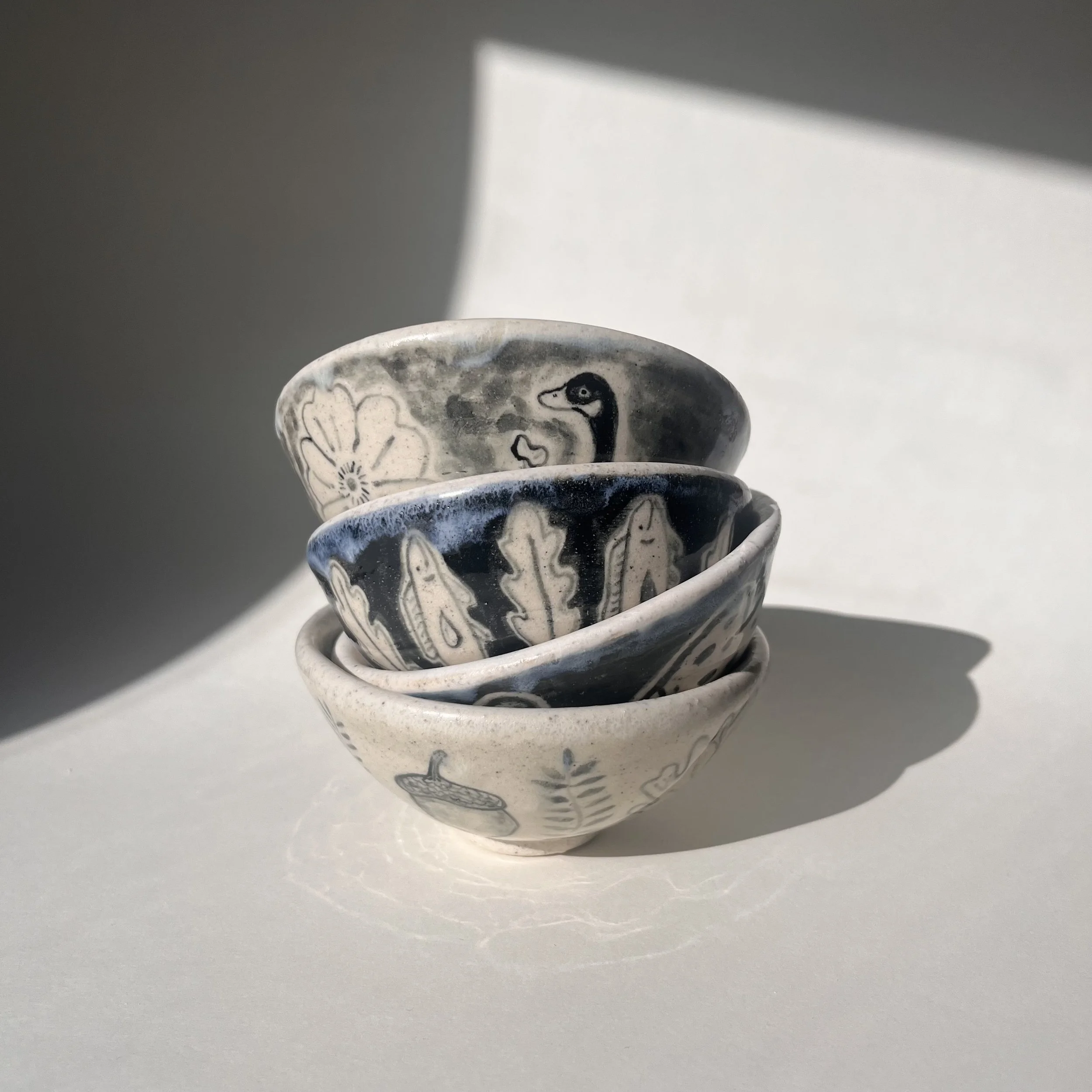 tiny bowl trio (goose, fish, acorn)