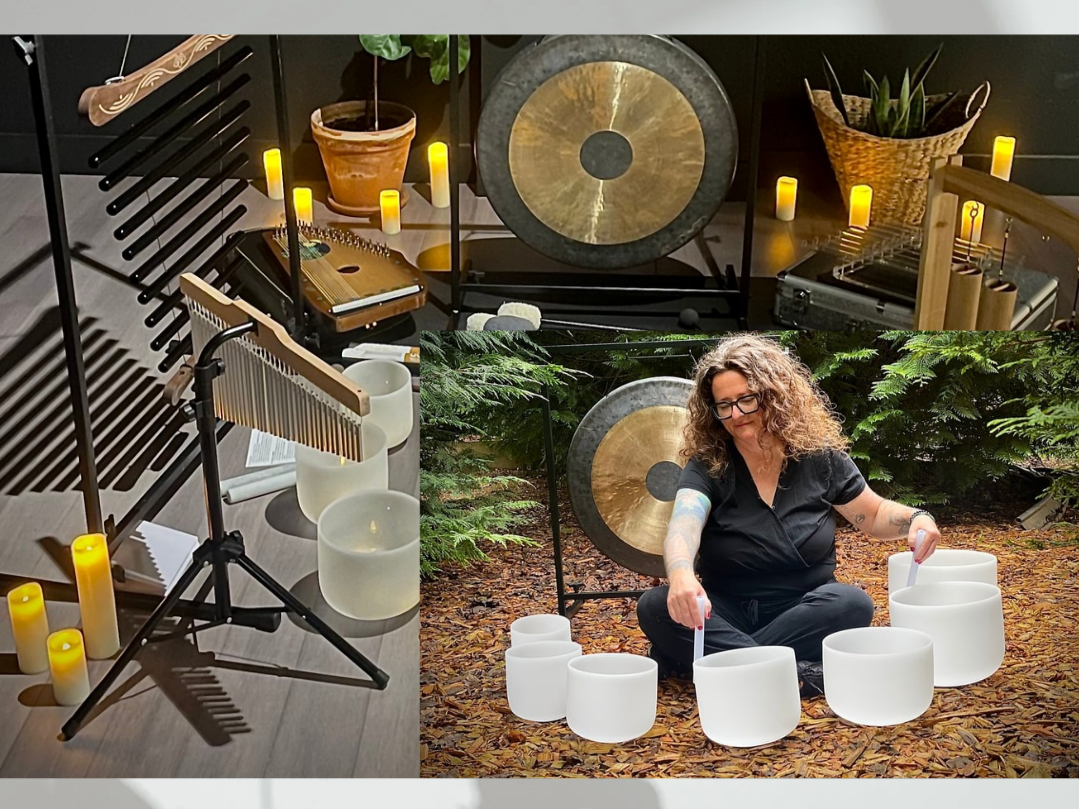 Indoor music setup with xylophone, white singing bowls, and a gong, and outdoor scene with woman playing singing bowls surrounded by trees.