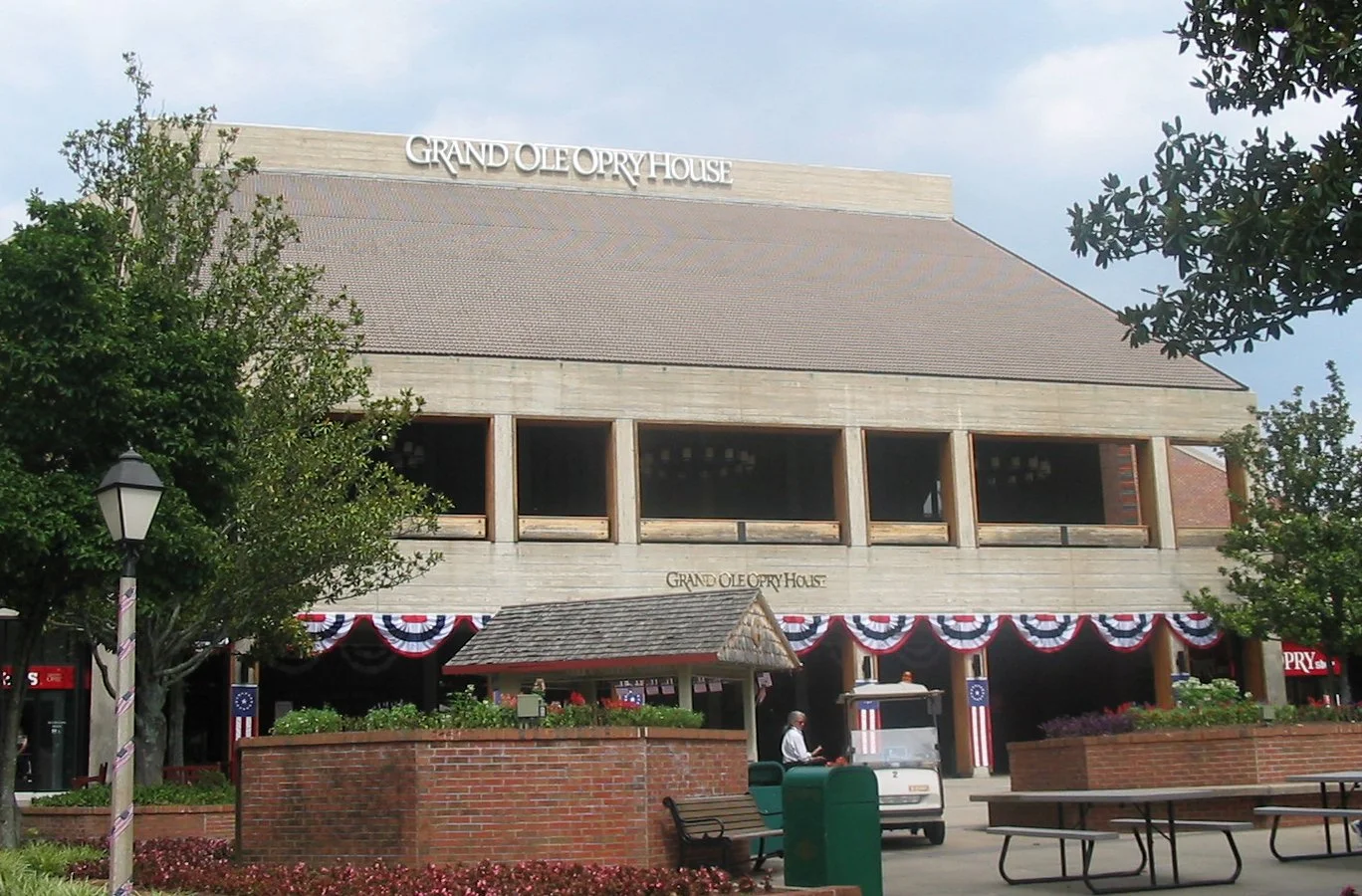 The Grand Ole Opry House in Nashville, decorated with red, white and blue bunting