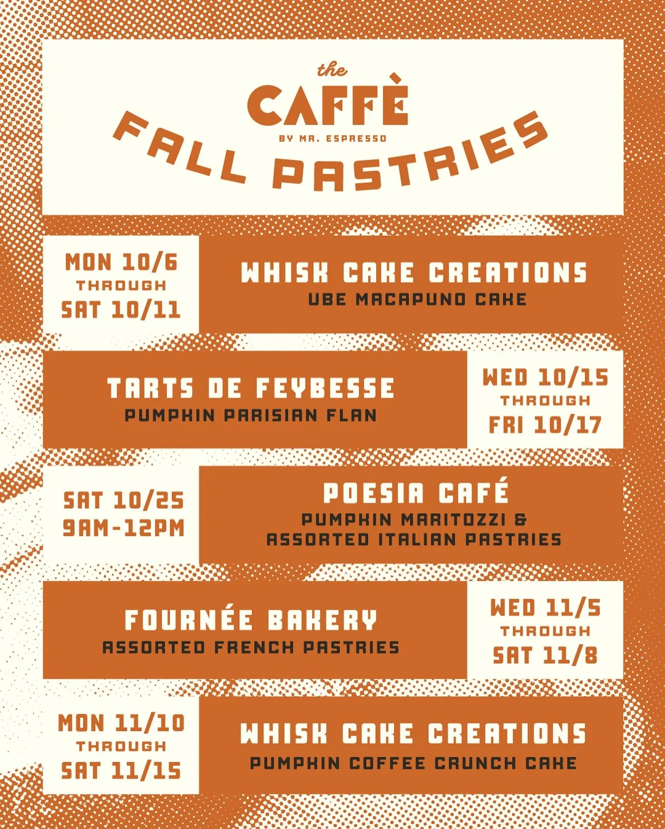 📣 Starting Monday, we’re partnering with some of the Bay Area’s beloved pastry chefs to bring you a rotating lineup of fall-inspired treats! From next week’s ube macapuno cake, to pumpkin maritozzi and Parisian pumpkin flan coming