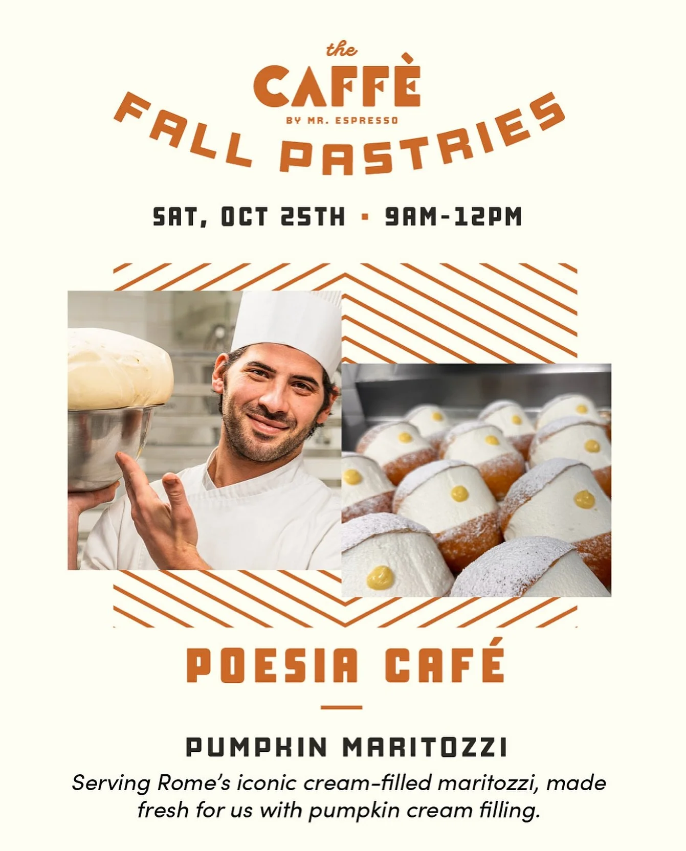 🎃 Pumpkin maritozzi and a whole host of Italian pastries are headed to @thecaffeoak this Saturday, October 25, from 9am - 12pm (or until sold out)! Join us and Chef Giovanni Liguoro of @cafepoesiasf for a cozy fall morning of unforgettable treats.