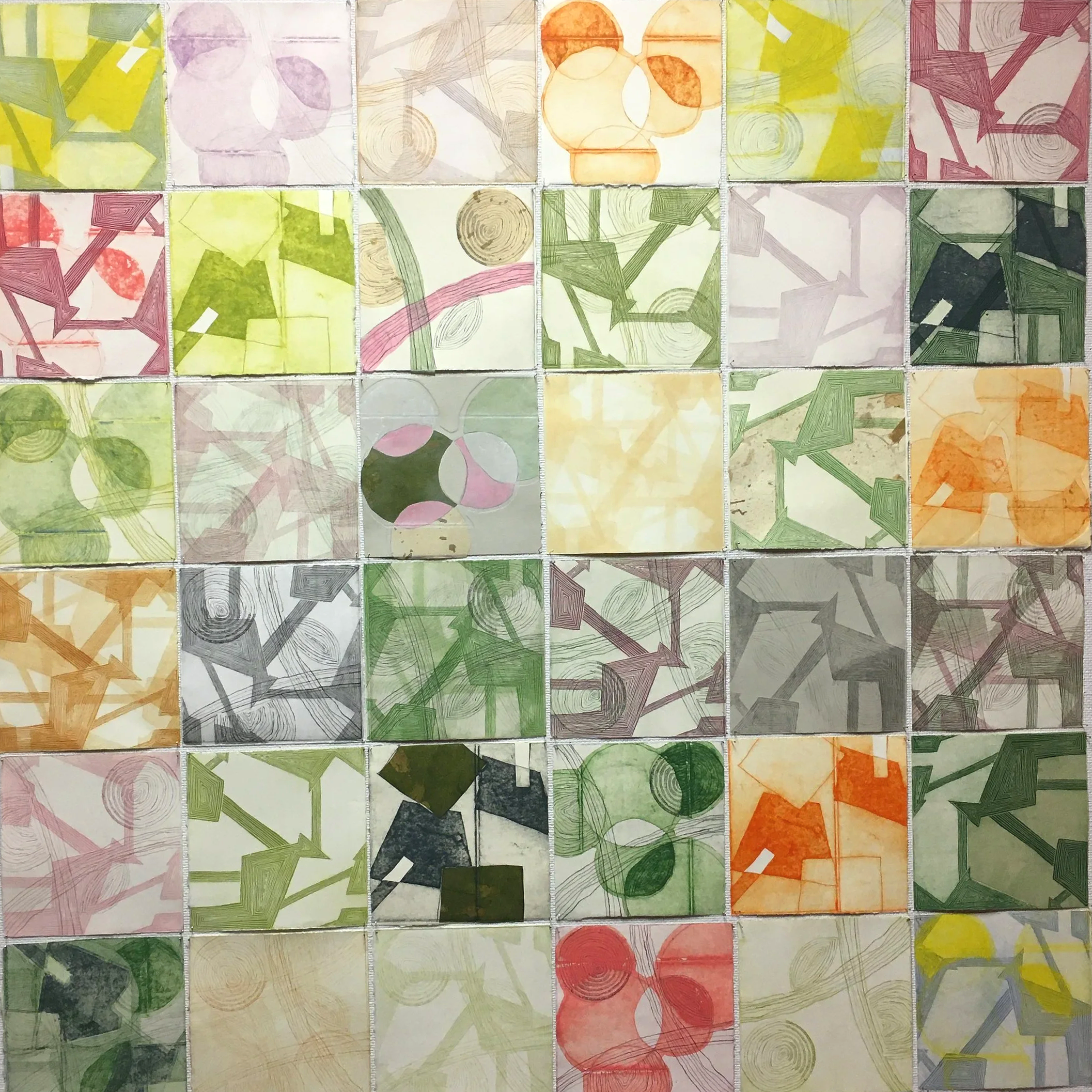 Beautiful Chaos, 2021, Etching, Aquatint, Milk-Carton drypoint, Chine Colle, 36"x 36" installation