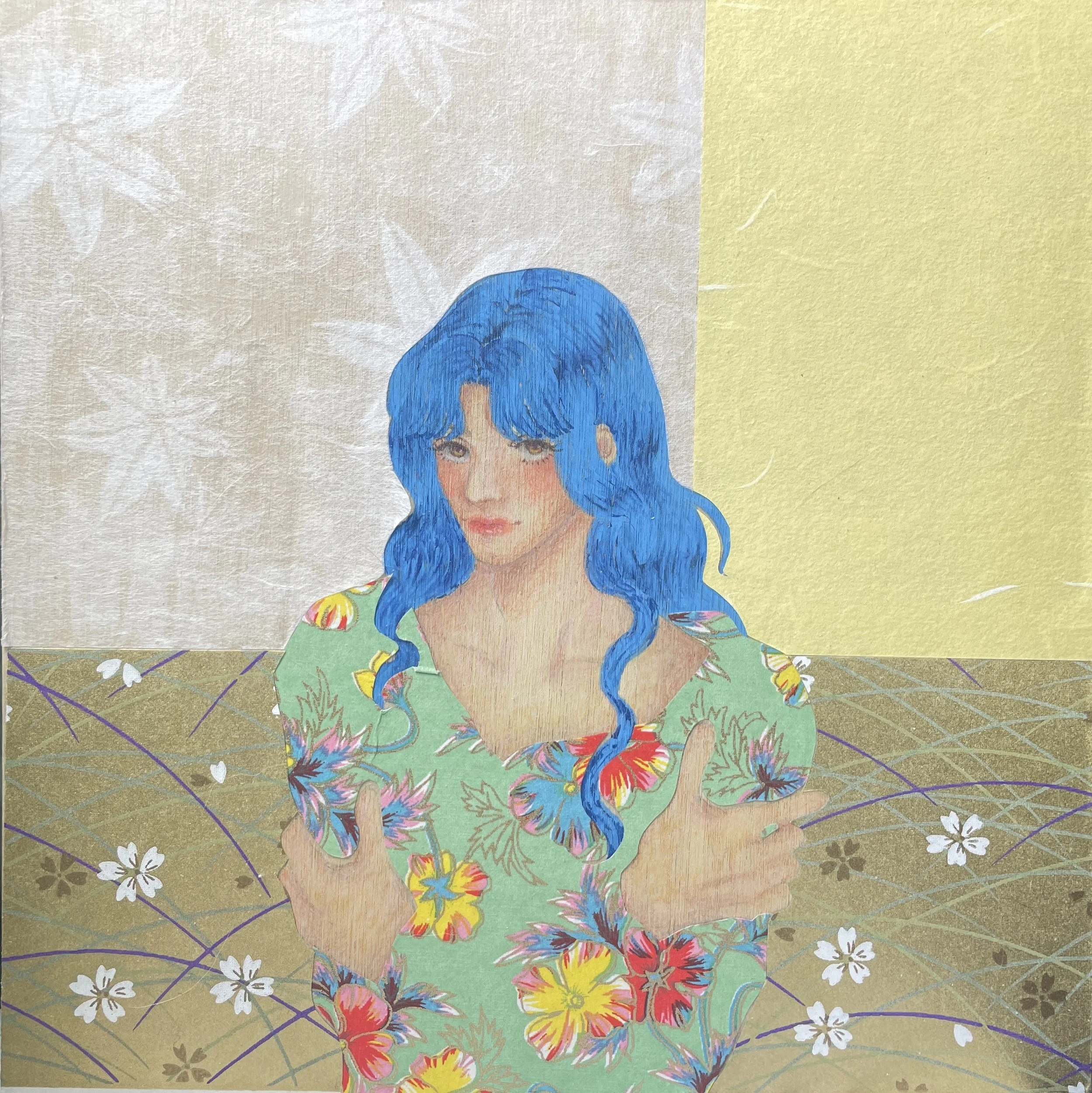 Untitled, 2022, 8"x 8", Color pencil and patterned rice paper collage on wood panel