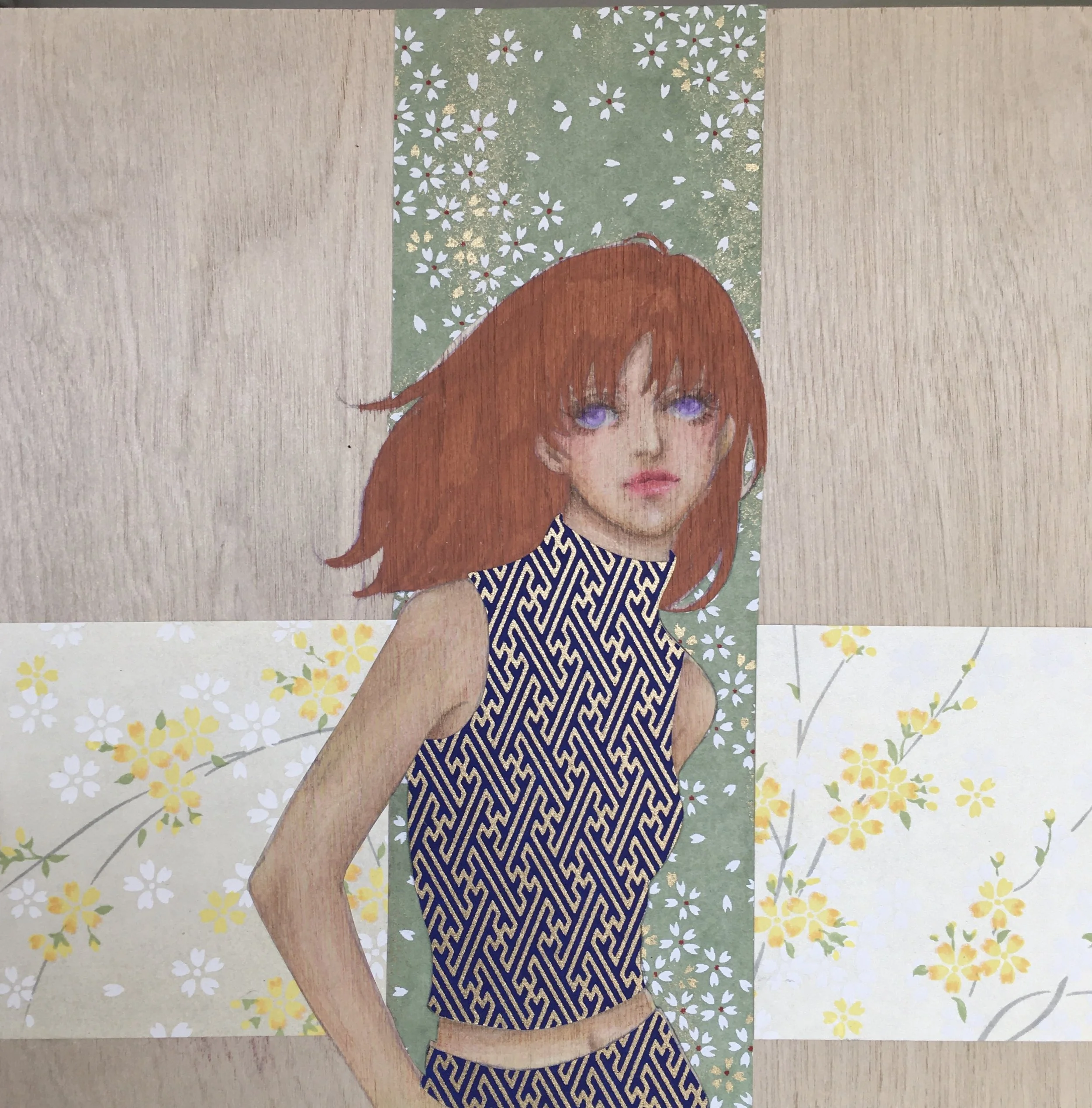 Untitled, 2022, color pencil, paint marker and patterned rice paper on wood panel, 8" x 8"