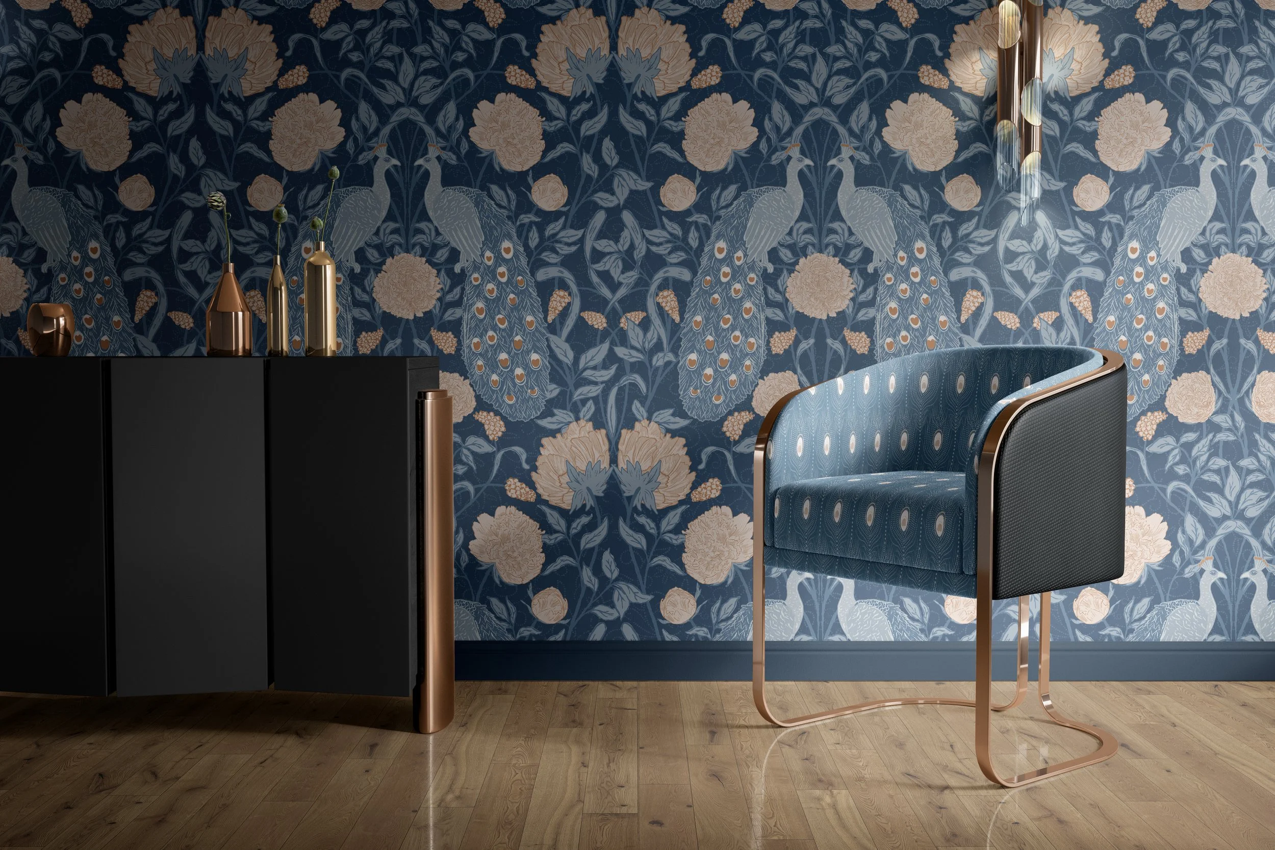 Peacock Paradise Art Nouveau botanical wallpaper in navy and copper in a modern living room with copper accent chair by Jean Pham The Bright Leaf Design