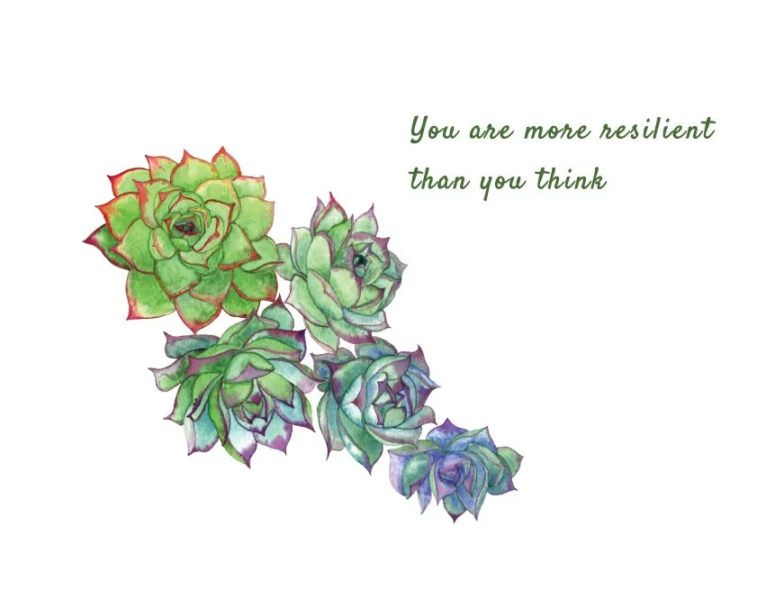 Watercolor succulent greeting card illustration with you are more resilient than you think lettering in green and purple by Jean Pham The Bright Leaf Design