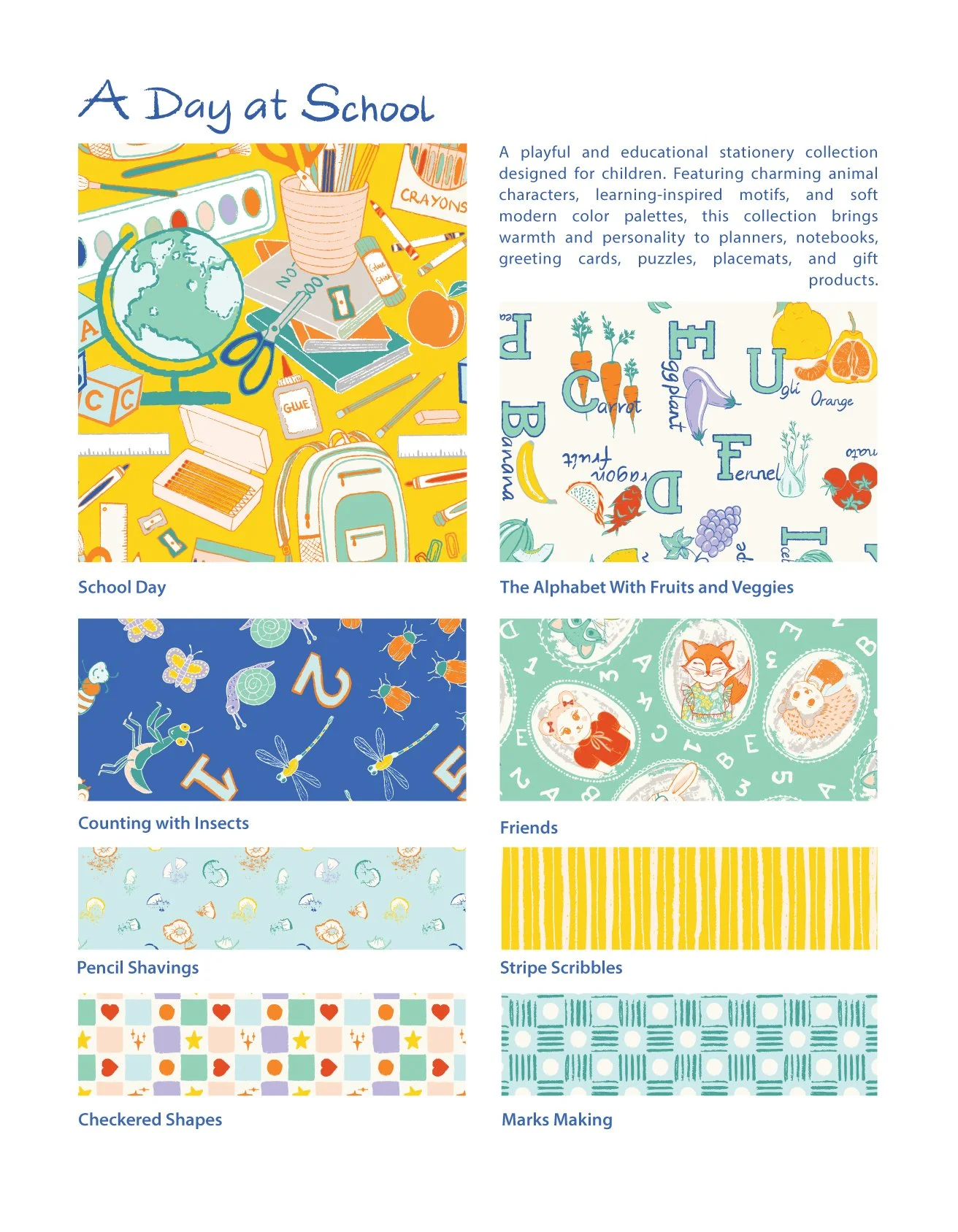 A Day at School surface pattern repeats by Jean Pham — School Day, Alphabet with Fruits and Veggies, Counting with Insects, Friends, Pencil Shavings, Checkered Shapes