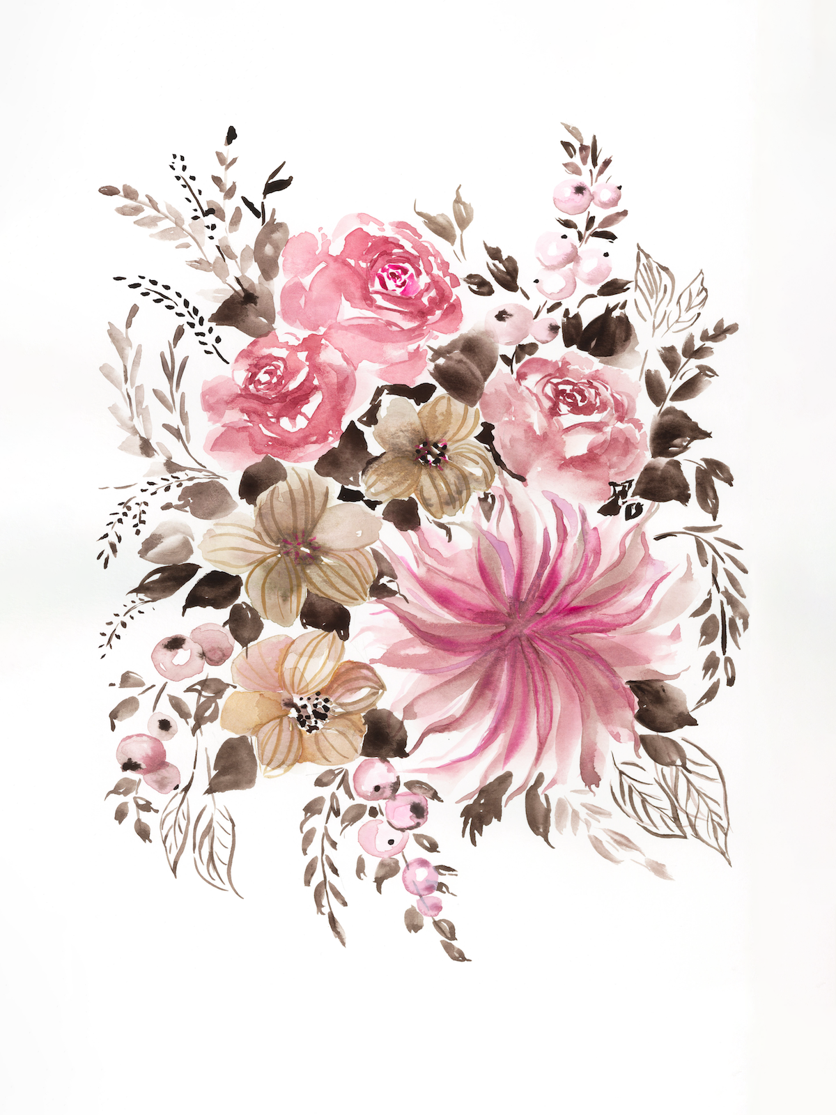 Loose watercolor bouquet illustration with pink roses, dahlia and mixed florals in blush pink and moody brown tones by Jean Pham The Bright Leaf Design