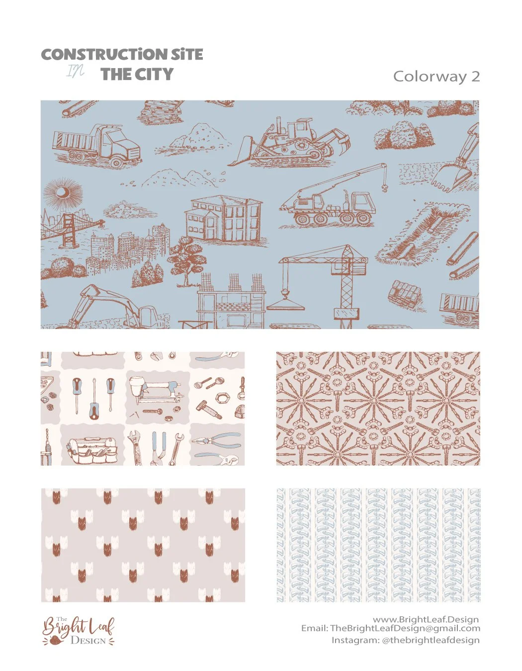 Construction Site in the City pattern collection in dusty blue and terracotta showing hero toile and four coordinates by The Bright Leaf Design