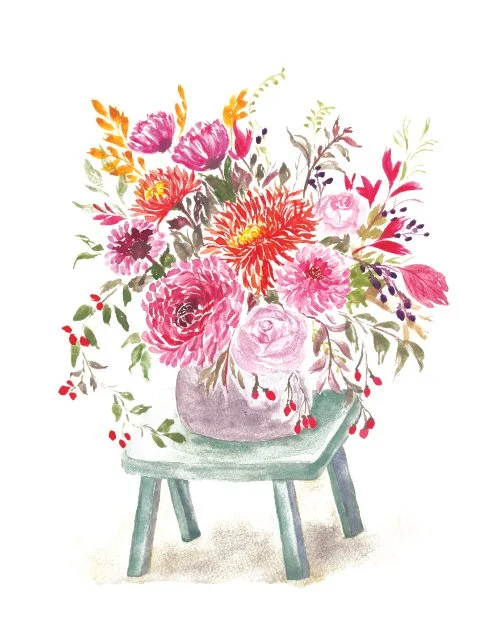 Autumn watercolor bouquet illustration with chrysanthemums, roses and mixed florals in pink and orange in a lavender vase on a teal stool by Jean Pham The Bright Leaf Design