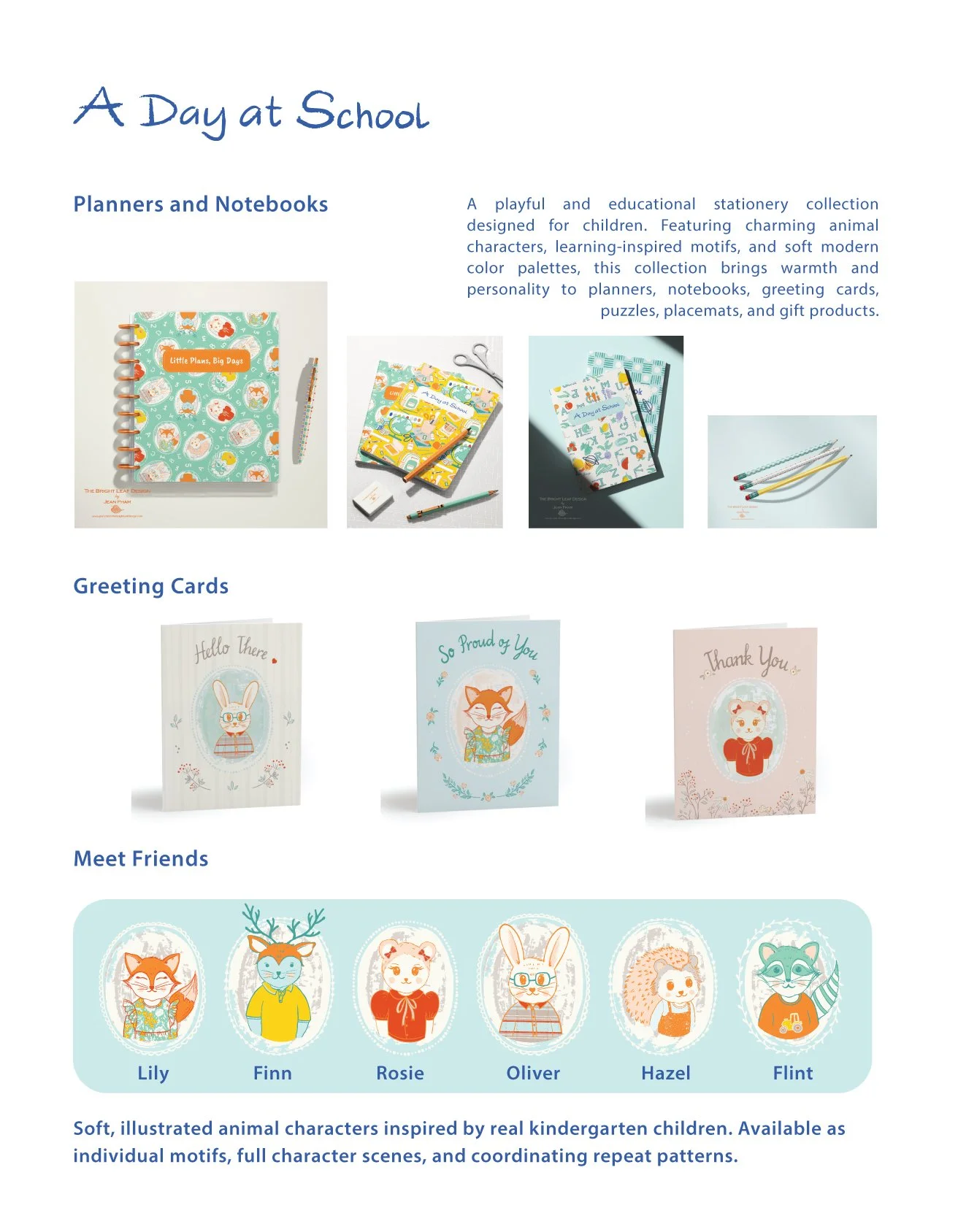 A playful children's surface pattern collection featuring original animal characters, educational motifs, and soft modern palettes — designed for stationery, planners, greeting cards, puzzles, and gift products.