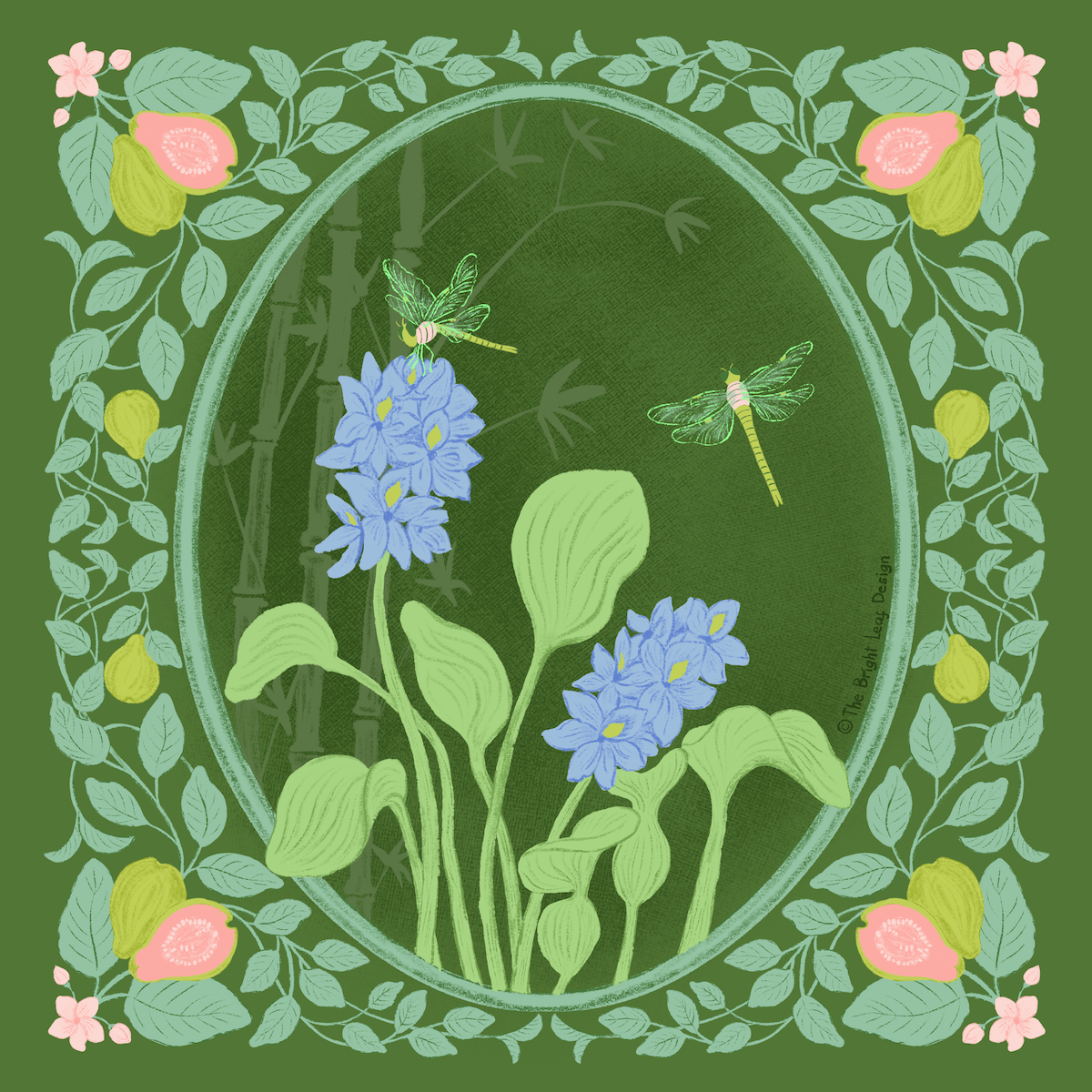 July Art Nouveau botanical illustration — dragonflies with water hyacinth and bamboo in an oval medallion with guava border in forest green and periwinkle blue by Jean Pham The Bright Leaf Design