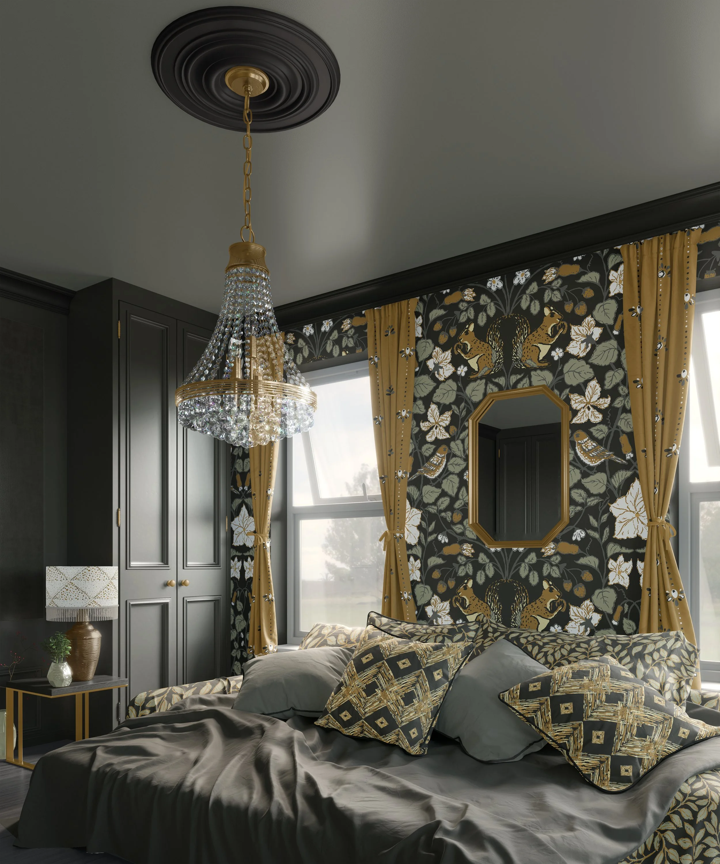 Joyful Garden Arts and Crafts woodland botanical wallpaper in dark forest green with gold drapery and crystal chandelier in a luxury bedroom by Jean Pham The Bright Leaf Design