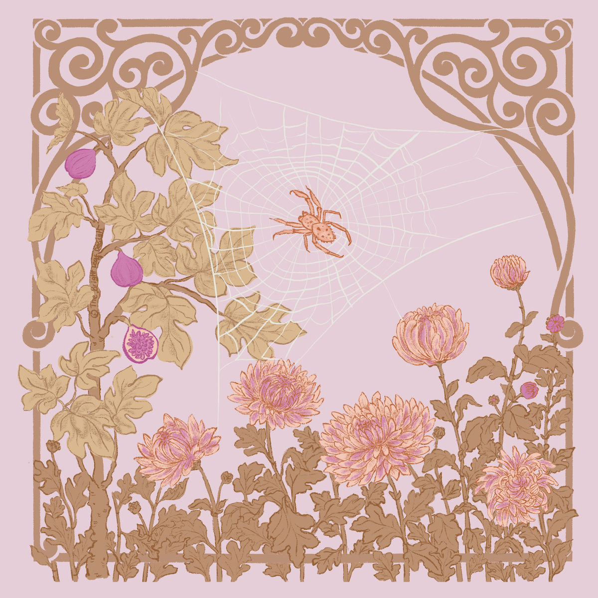 October Art Nouveau botanical illustration — spider on web with fig tree and chrysanthemums framed by ornate scrollwork border in dusty mauve and antique gold by Jean Pham The Bright Leaf Design