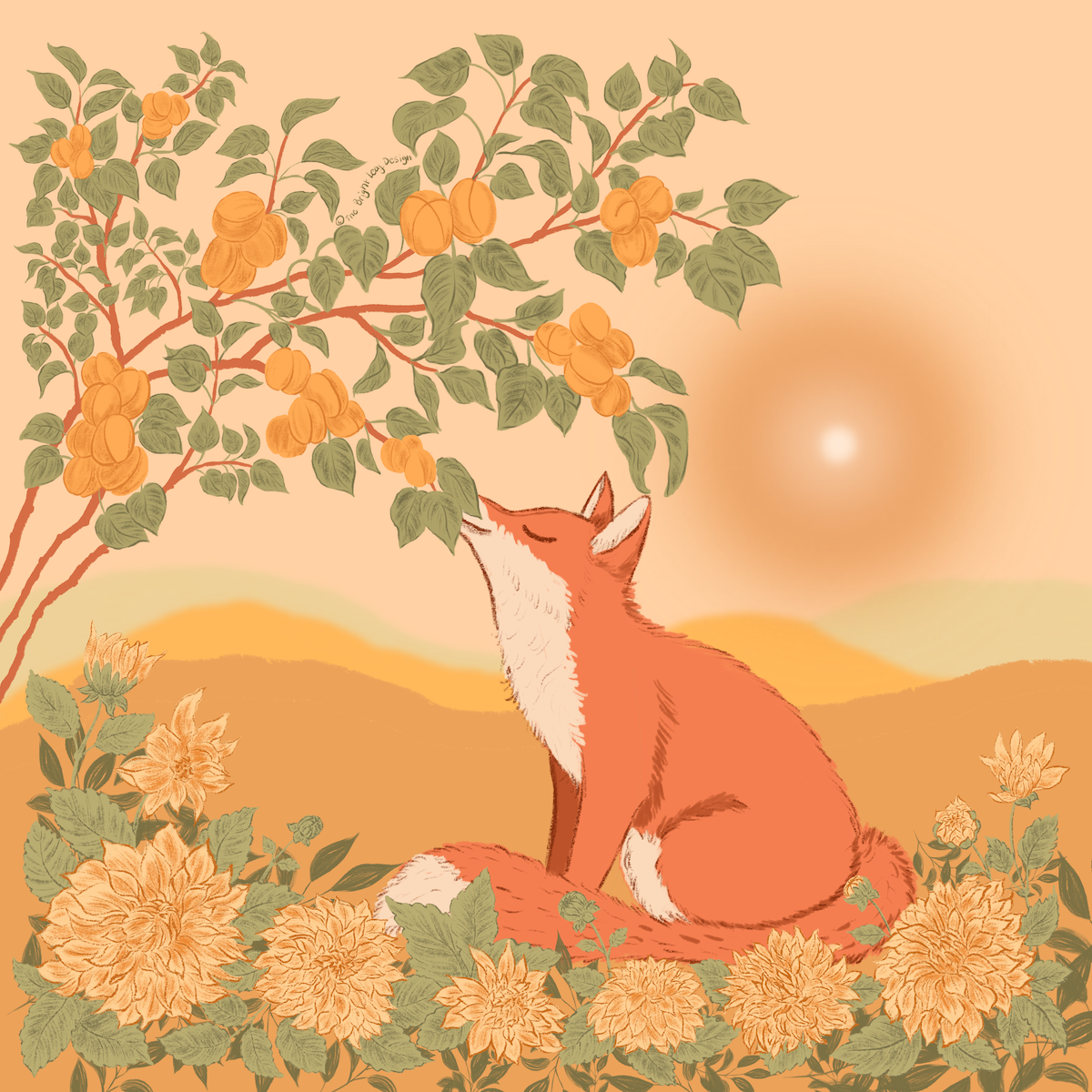 August Art Nouveau botanical illustration — red fox resting beneath an apricot tree with golden dahlias in warm apricot and sage green by Jean Pham The Bright Leaf Design