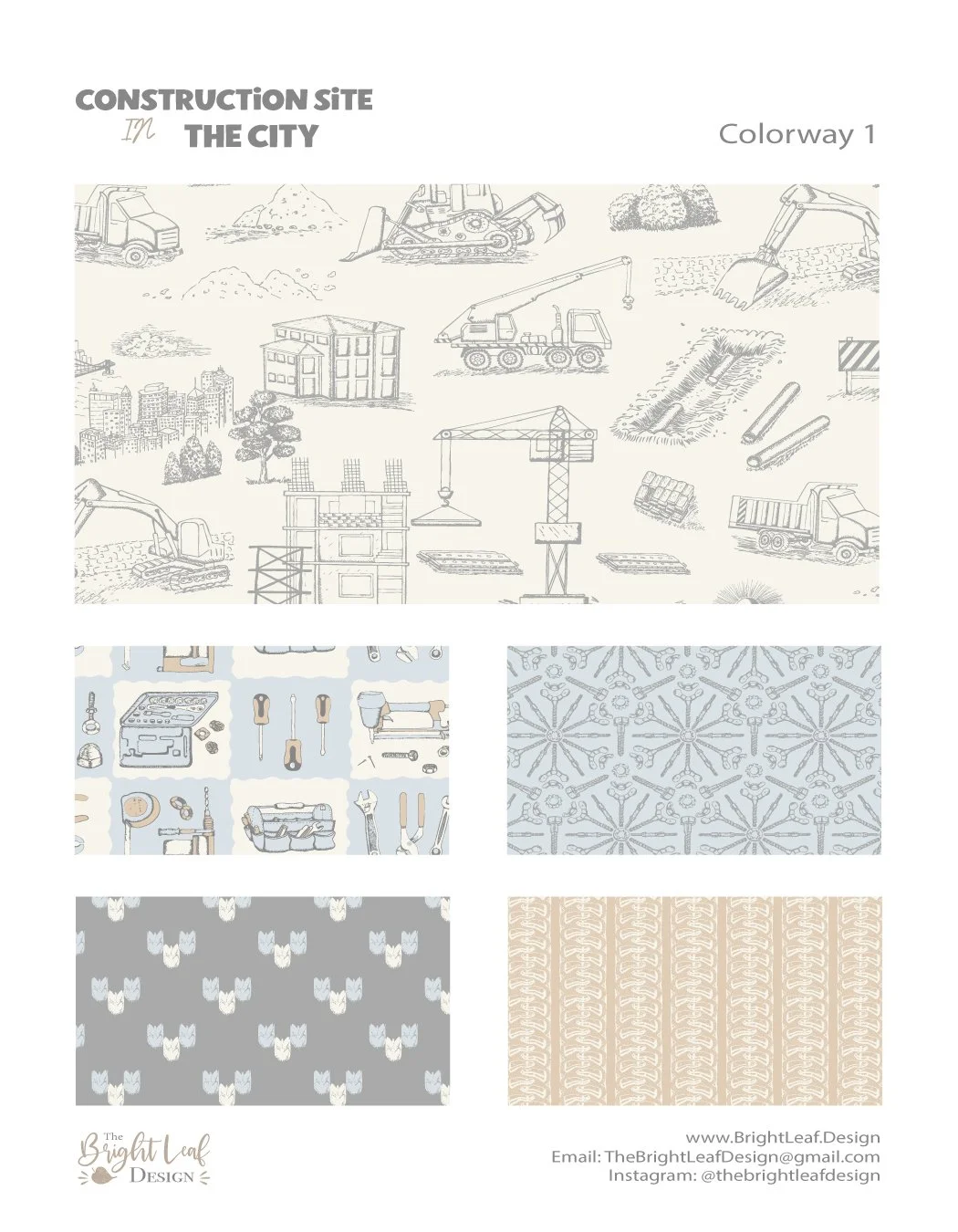 Construction Site in the City pattern collection in soft grey and cream showing hero toile and four coordinates by The Bright Leaf Design