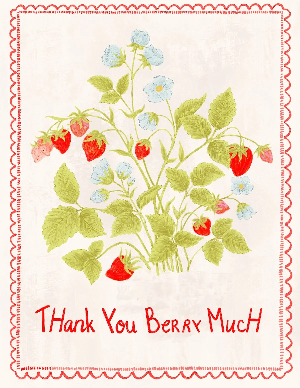 Watercolor strawberry plant greeting card with Thank You Berry Much lettering and scallop border in red and cream by Jean Pham The Bright Leaf Design