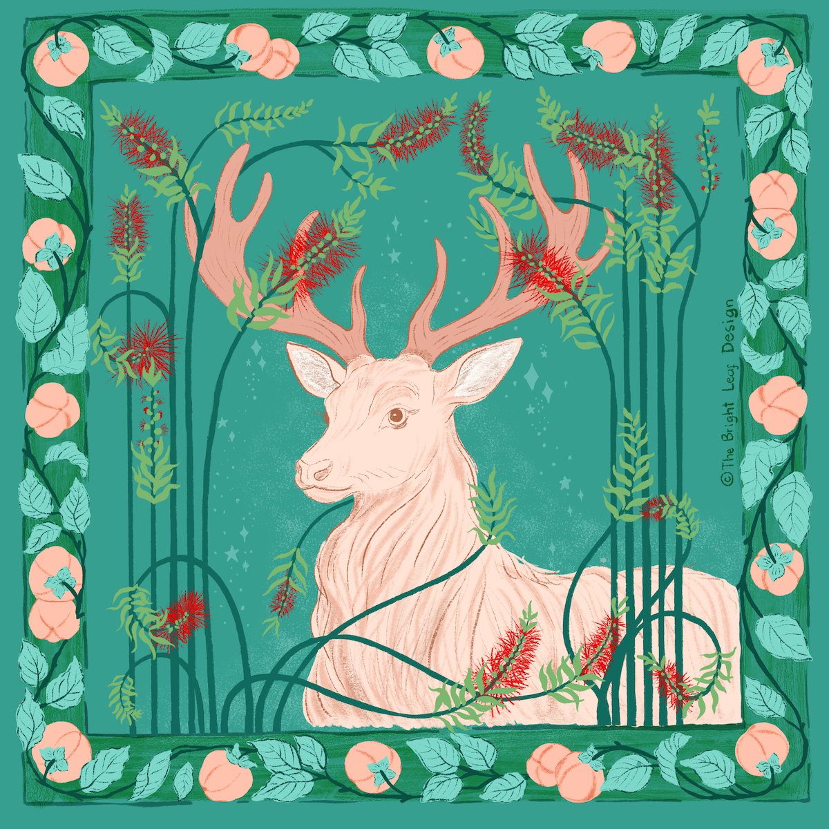 December Art Nouveau botanical illustration — white stag with red bottlebrush flowers and persimmon border on teal background by Jean Pham The Bright Leaf Design